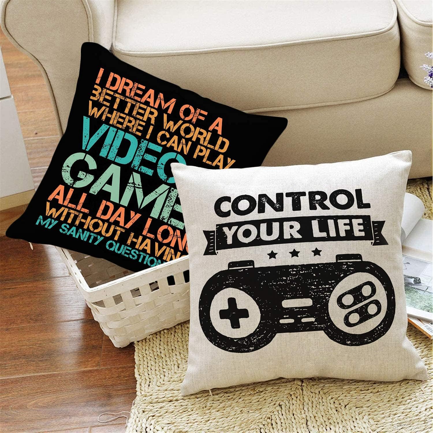 MoharWall Gamer Game Controller Set of 4 Linen Square Throw Pillow Video Games Case Cushion Cover for Playroom Office Bed Sofa Decor 18"x 18"