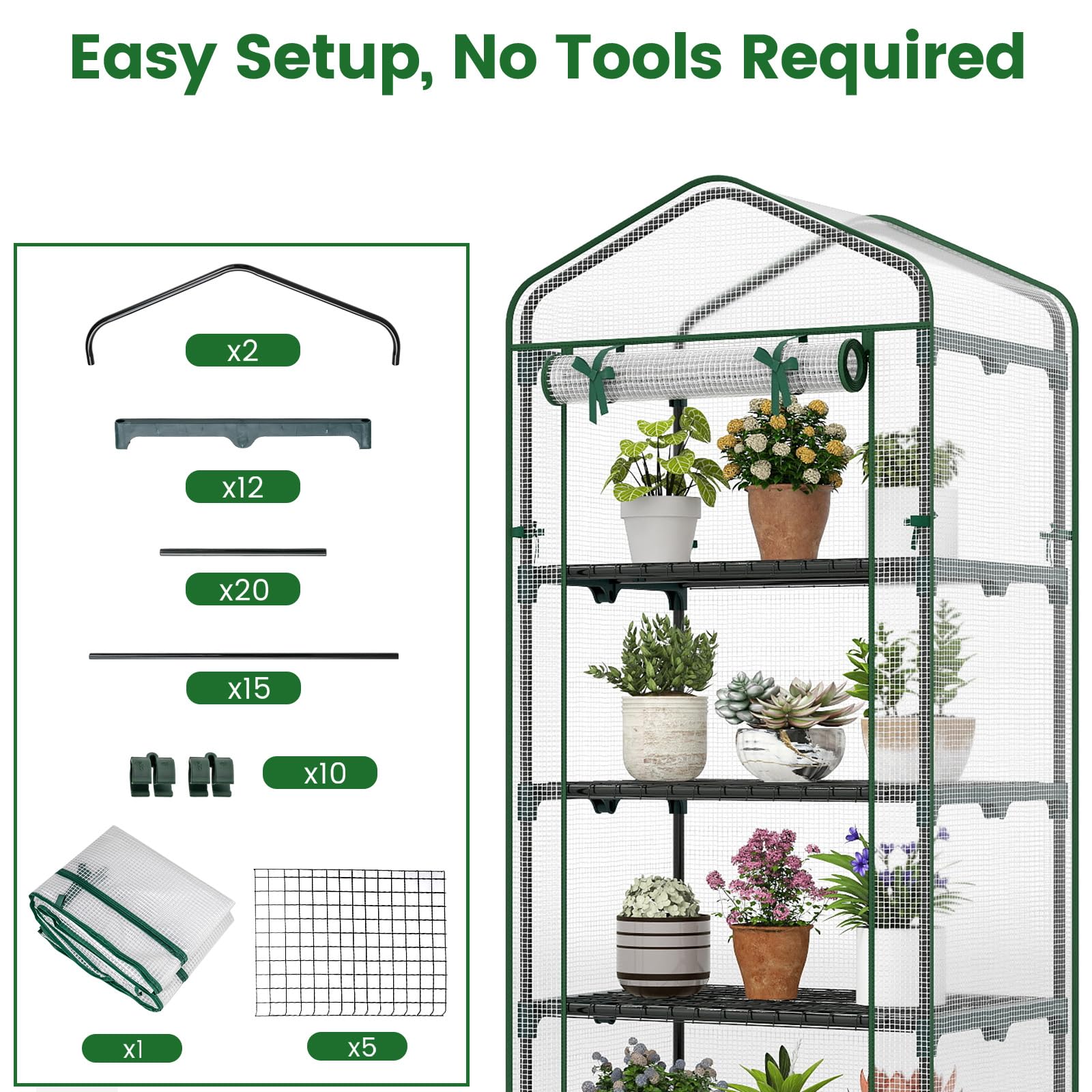 HOMASIS Serre de Jardin avec 4/5 Étagères, Serre de Balcon avec Porte Enroulable à Charnière, Étagère Amovible pour Plantes en Acier, Mini Herbe pour Jardin d'hiver (Transparent, 69 x 48 x 190 cm)