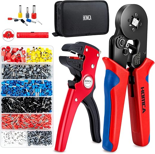 HOMCA Crimpzangen Aderendhülsen Set mit 1200 pcs Isolierte Unisolierte Kabelschuhe 0.25-10mm² Abisolierzange und Crimpzange Set Tool Kit mit einer Werkzeugtasche (Set B)