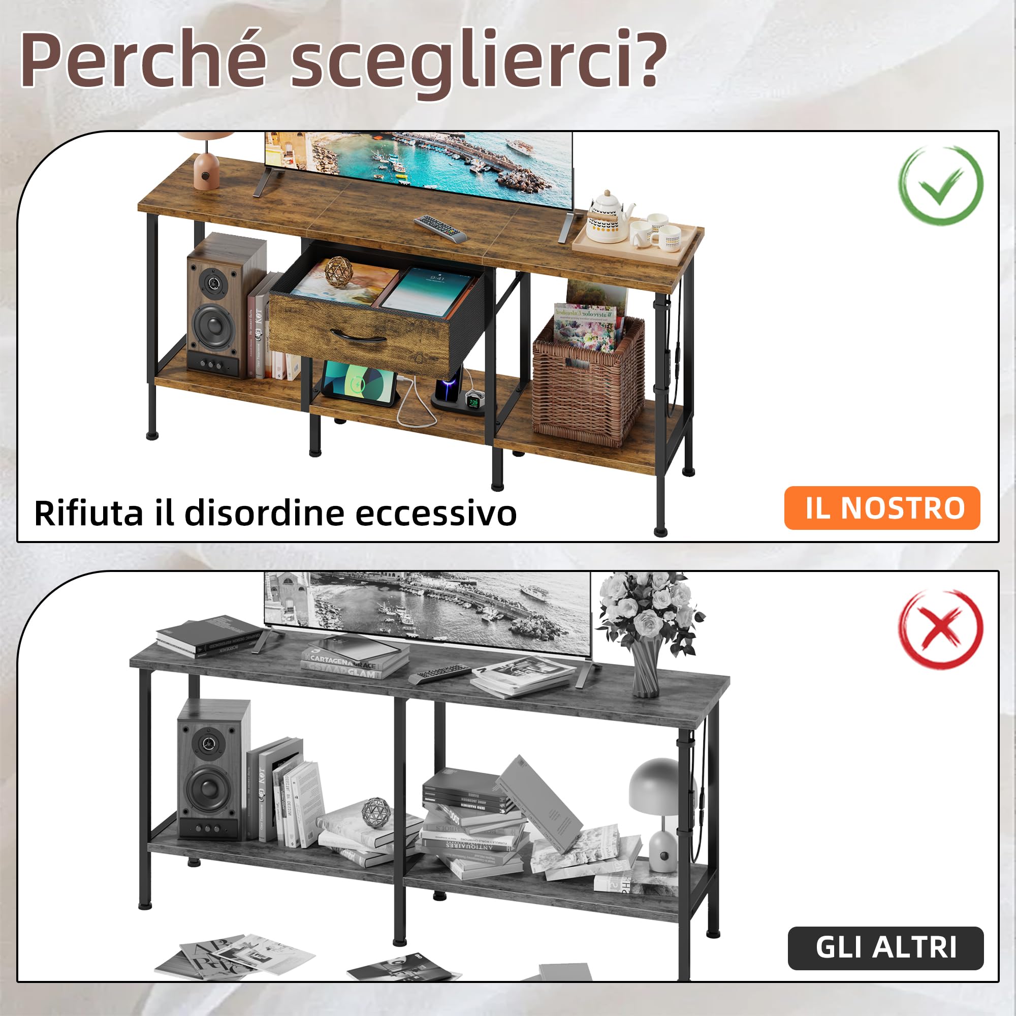 Mobile TV con Presa, Supporto TV con Illuminazione a LED, Cassetto in Tessuto e Ripiani Aperti, 120 cm Mobile TV per TV fino a 55″ per Soggiorno e Camera da Letto, Marrone Rustico