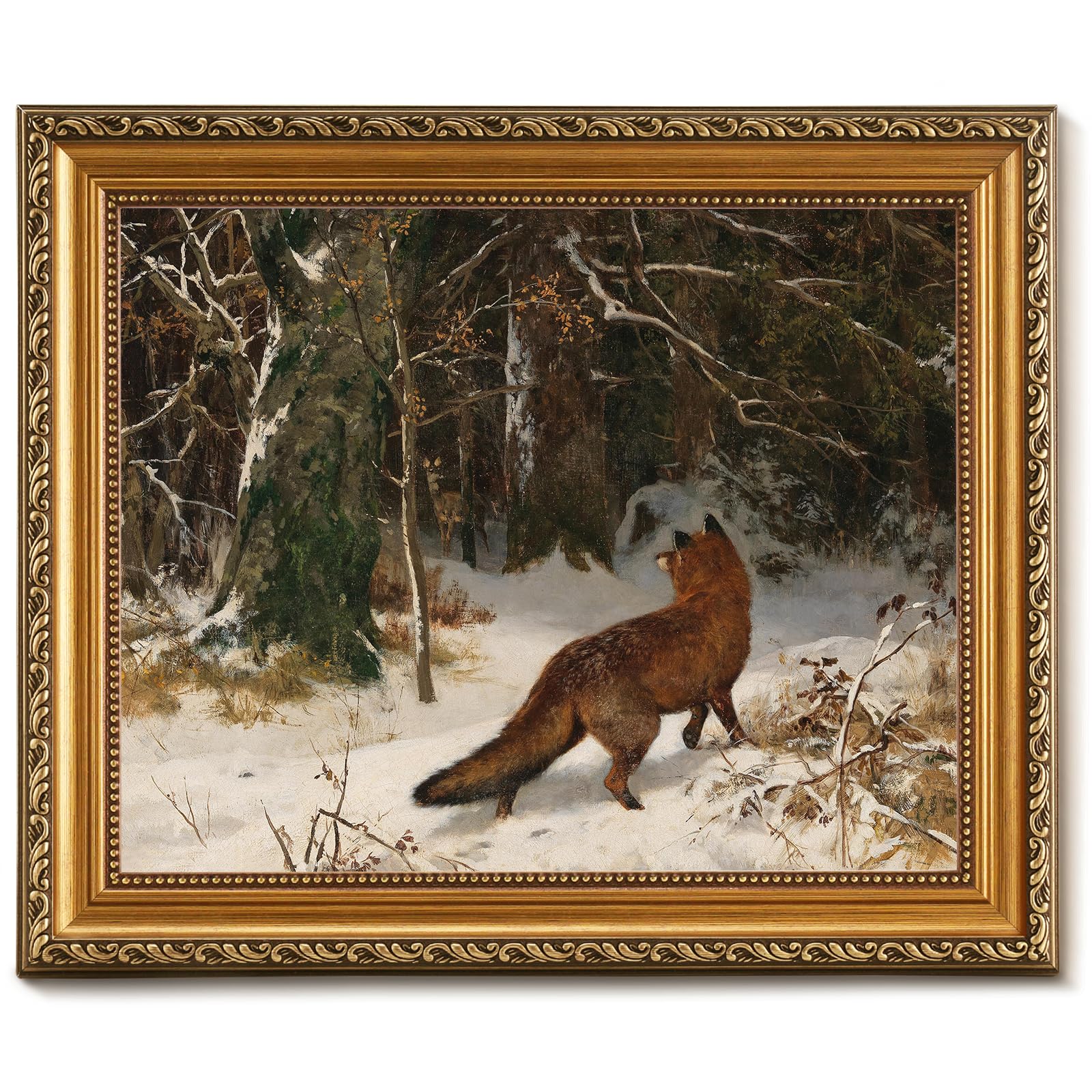 Vodefoad Vintage Gold Framed Wall Art for Home Decor, Fox in Winter Christmas Retro Landscape Oil Painting Antique Gold Framed Artwork for Walls Farmhouse Canvas Prints Retro winter Landscape