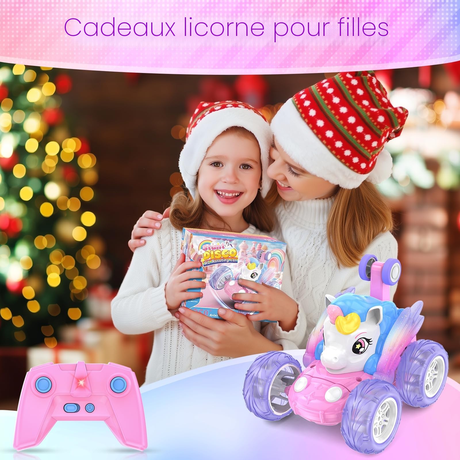 Voiture Télécommandée Fille Licorne Jouet Enfant 3 4 5 6 7 8 9 Ans Fille Voiture Cascadeuse Téléguidé 360° Rotation avec Ailes Brillantes Monster Truck Crawler Car Jeux Filles Cadeau Anniversaire Noël