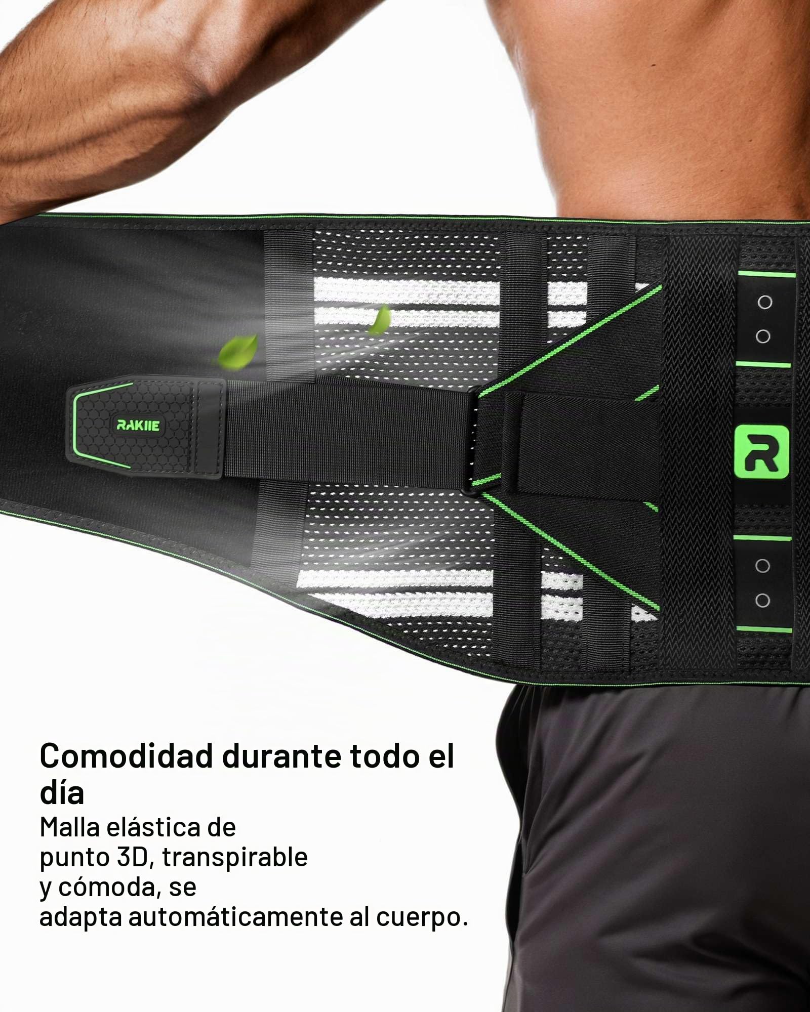 Rakiie Lumbar Para Hombre y Mujer, Soporte Lumbar 8X Potente con Almohadilla 3D, Soporte de Espalda Transpirable con Correa Ajustable (Verde, XX-Large)