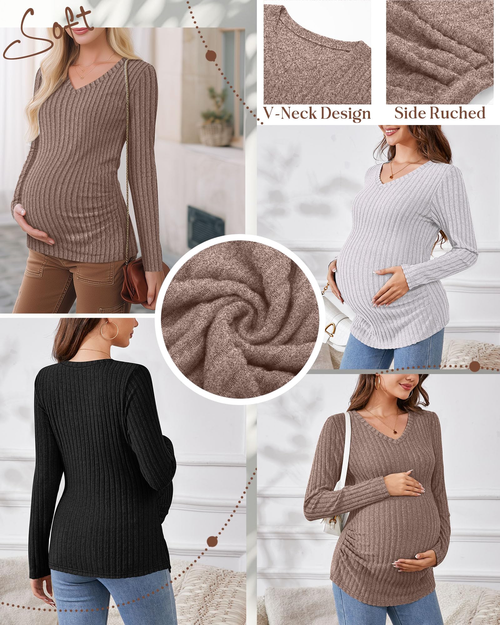 Ficerd Magliette Premaman 3 Pezzi, a Maniche Lunghe, con Scollo a V, a Coste, per la Gravidanza Maglioni Invernali Termici