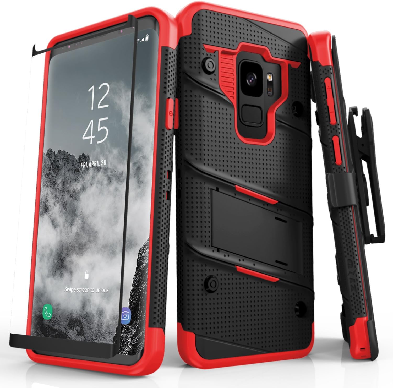 Zizo Bolt Cover - Case for Samsung Galaxy S9 with Military Grade + Glass Screen Protector & Kickstand and Holster (Black/Red)