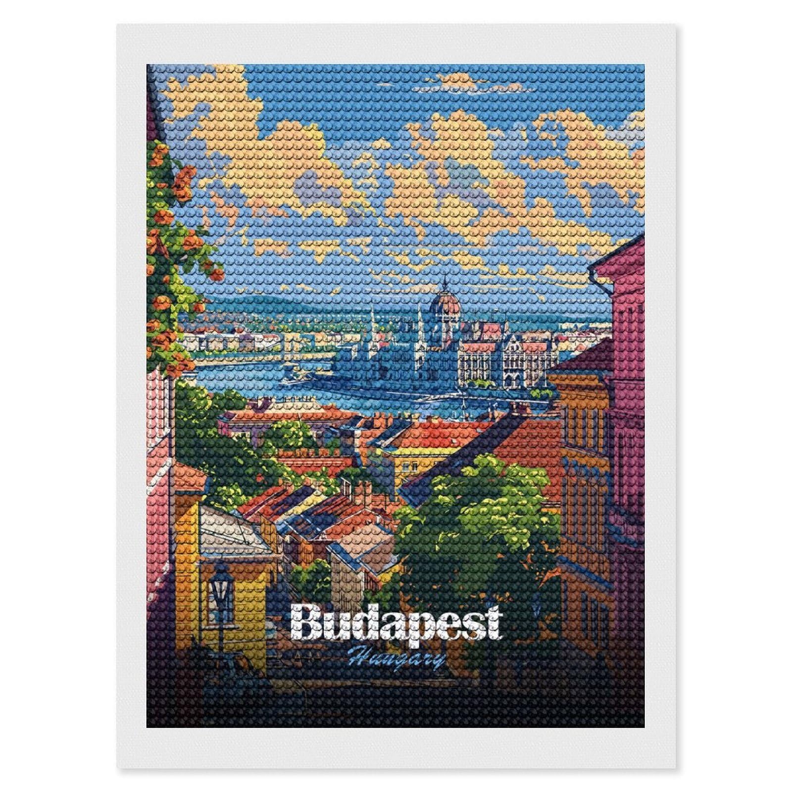 Junmoney Budapest, Hungary Cityscape Illustration Full Drill Diamond Painting Kit 12"x16", Adhesive Canvas, Aesthetic Room Decor, for Family Craft Time, Birthday Gift