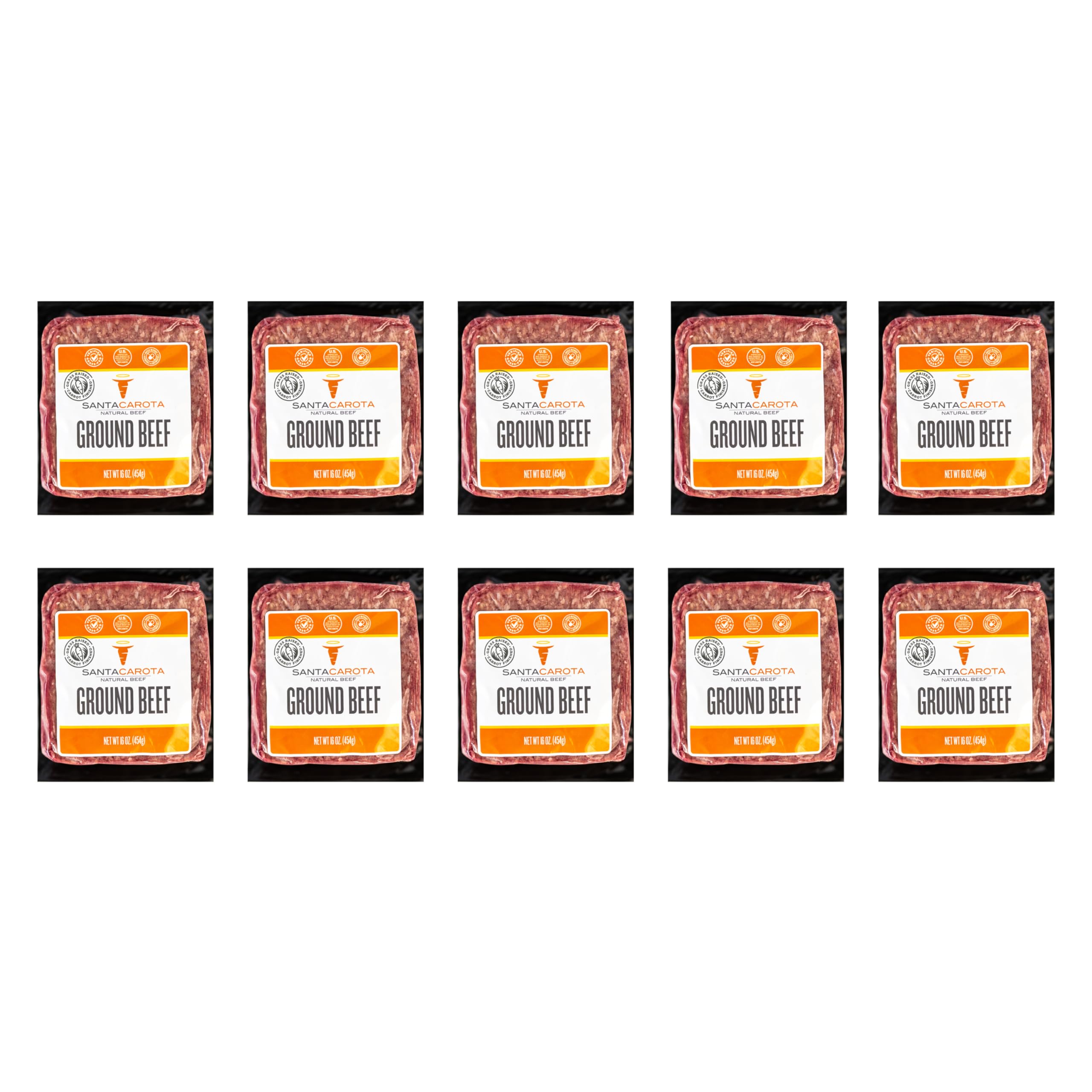 Santa Carota Grass Fed Ground Beef 80% Lean / 20% Fat, Carrot-Finished, Grass-Raised, Bulk Hamburger Meat | Perfect for Burgers, Family Pack Frozen Food (10-1lb packages)