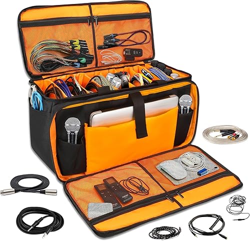 Organizador de bolsa de cables y bolsa de DJ con parte inferior acolchada desmontable y separadores ajustables, bolsa de viaje para músicos
