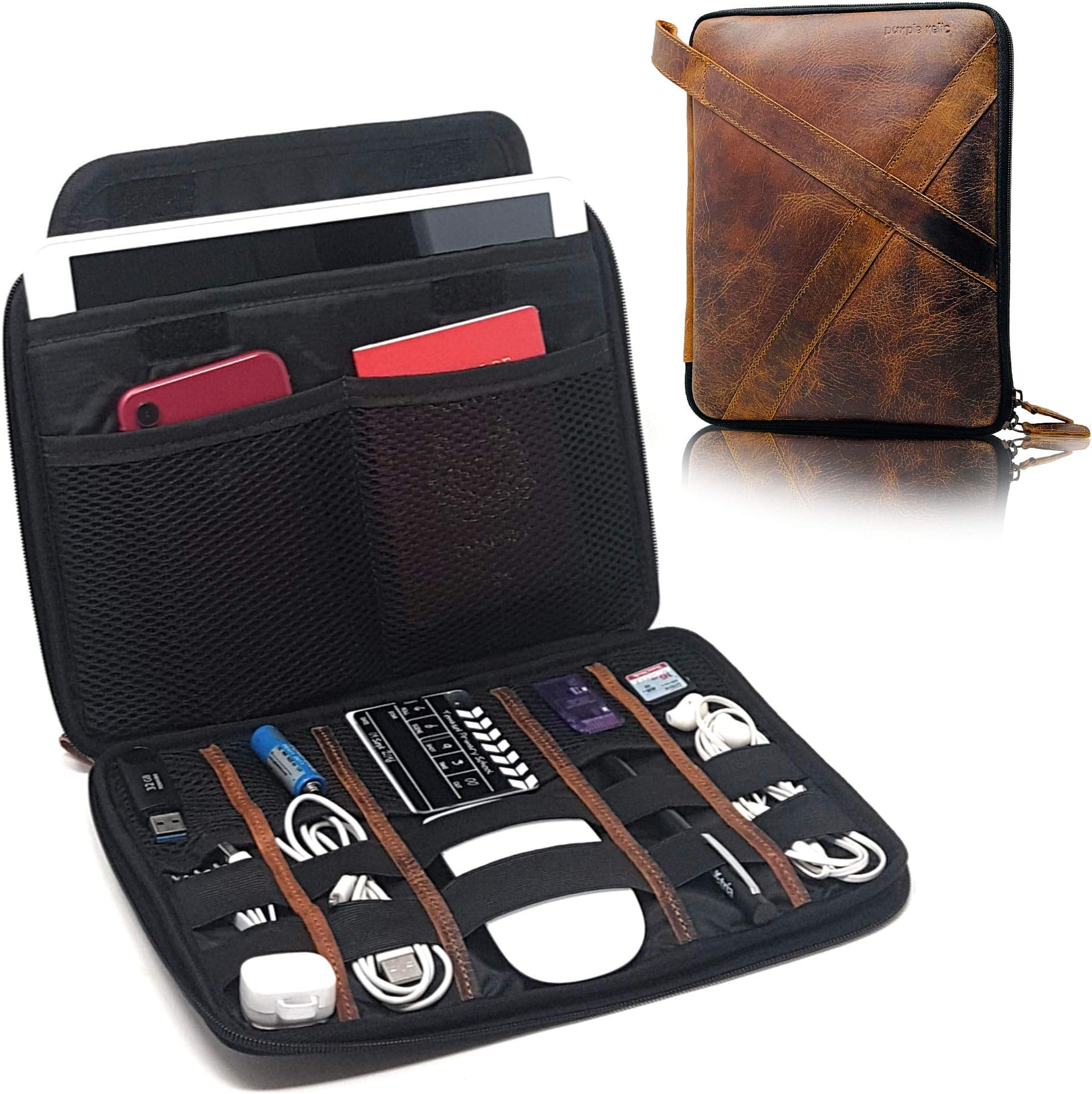 Genuine Leather Tablet Case - Electronics and Cable Organizer for Desk and Travel - Holds 9.7-inch Tablet, Passport, Cords and Tech Accessories