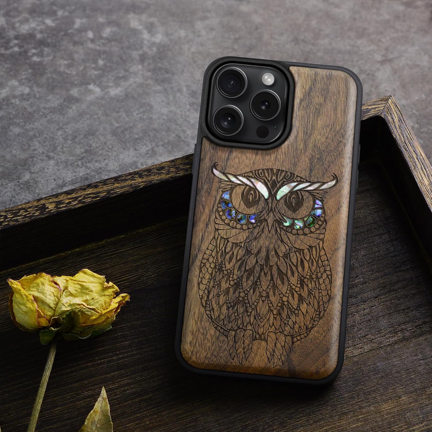 Carveit Magnetic Case for iPhone 16 Pro Max Case, Wood Artisan Engraved & Handmade Shell Inlaid, TPU Shockproof Cover, Compatible with MagSafe Wireless Chargers (The Owl Mandala) Walnut