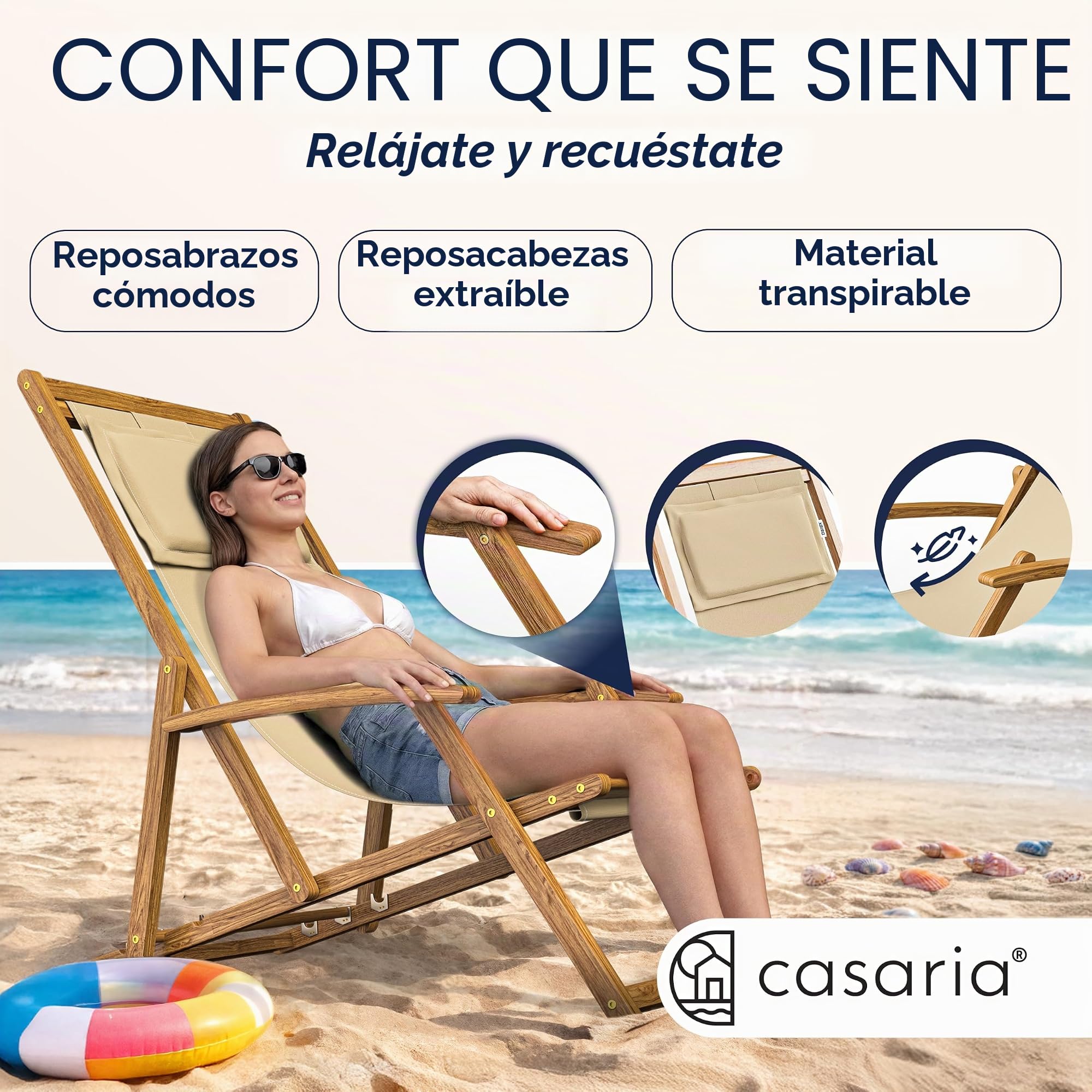 CASARIA® Tumbona Silla de Madera de Acacia Plegable 3 Posiciones Carga 160KG 94x94x60cm Sillas Jardín Playa Transpirable Hamaca Mueble Camping Exterior Beige Reposabrazos