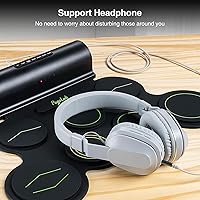 Vista 5 de Juego de batería electrónica, 7 almohadillas enrollables, almohadilla eléctrica con función inalámbrica, kit de batería midi recargable portátil