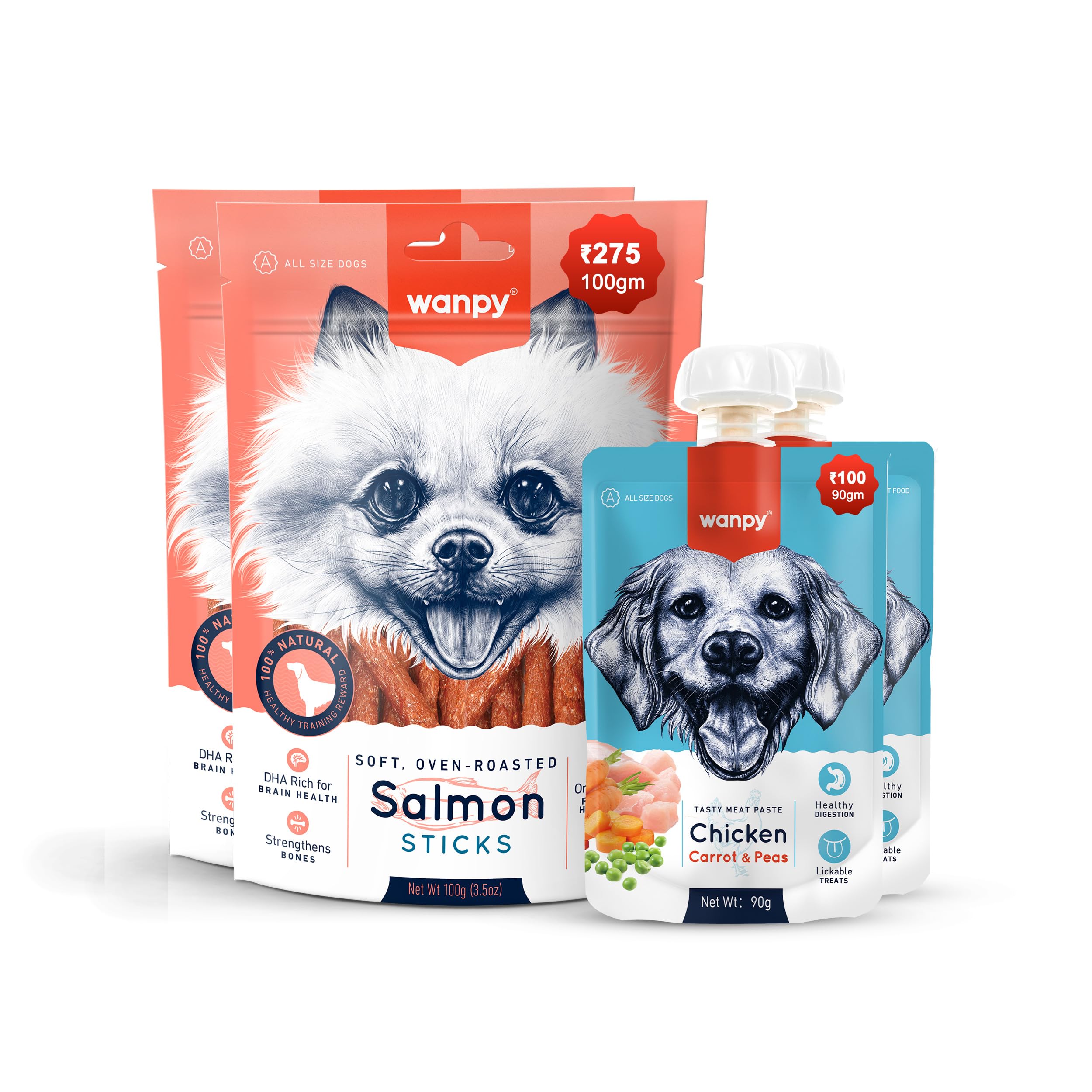 Wanpy 100% Natural Dog Treat Combo | Salmon Sticks 100gm x2 + Meat Paste 90gm x2| First Time in India | Pack of 4
