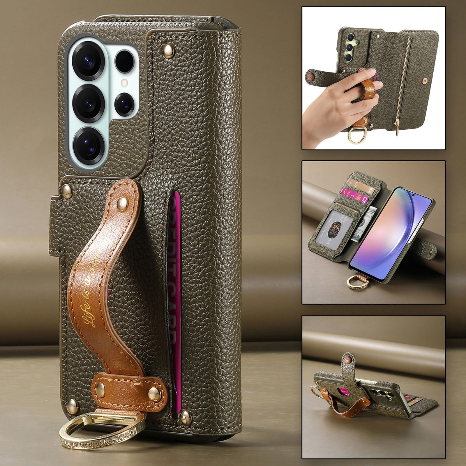 Generic - Funda con tapa para Samsung Galaxy S23 Ultra (color: verde noche) con correa de piel RFID