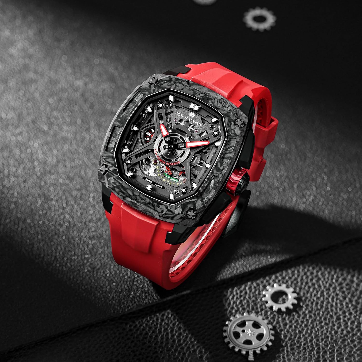 TSAR BOMBA Luxury Mechanical Watches for Men with Carbon Fiber Case Men Wristwatch Luminous 5ATM Water Resistant Men's Watch with Fluorine Rubber Strap Great Gifts for Men
