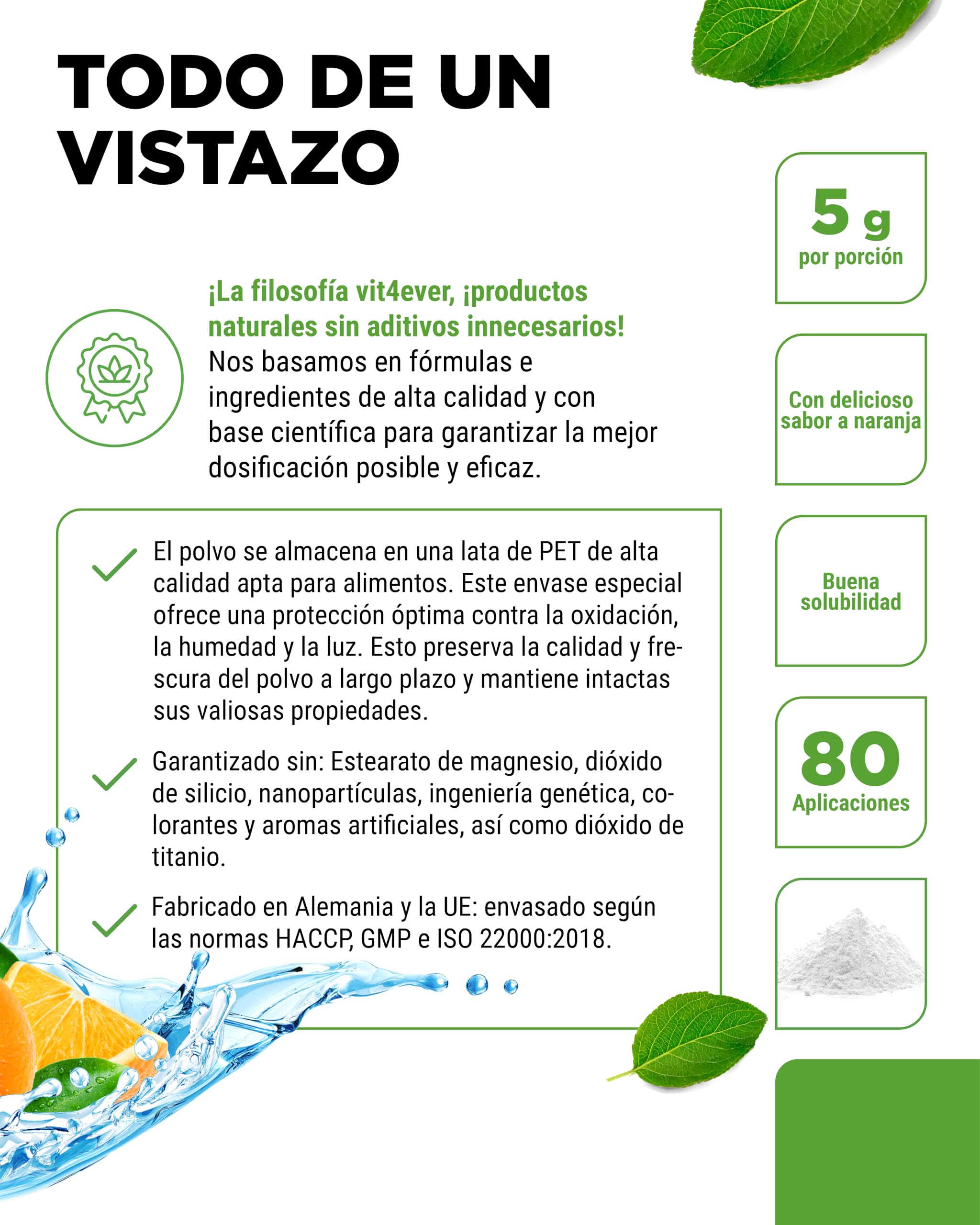 vit4ever Electrolitos - 400 g (80 Porciones) - Fórmula de Hidratación con Cloruro, Potasio, Sodio, Calcio, Magnesio - Sin Azúcar - Vegano - Sabor Naranja