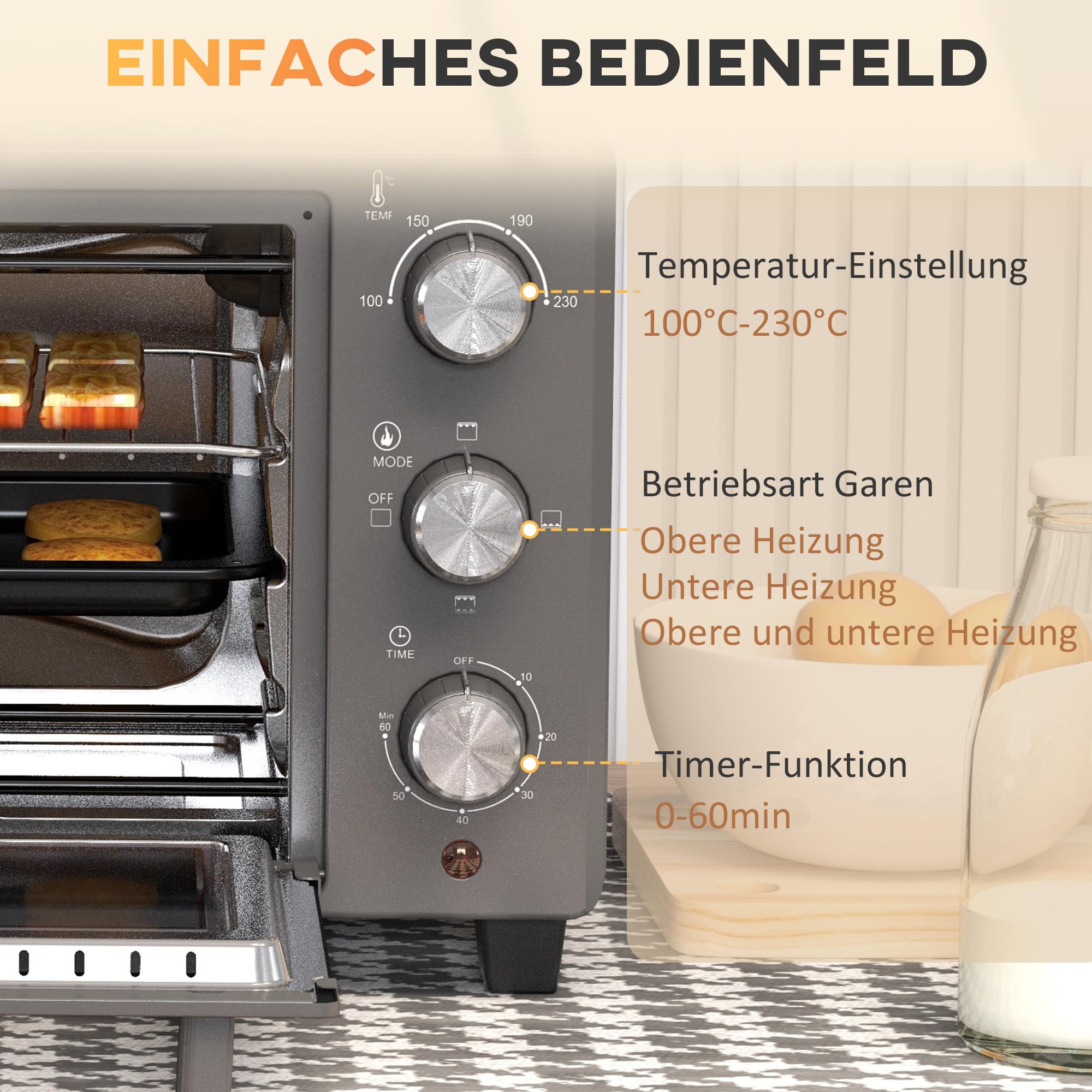 HOMCOM Mini piekarnik 21 l, 1400 W, timer 60 min, mały piekarnik z regulacją temperatury 100 °C-230°C, czas gotowania, mini piekarnik z blachą do pieczenia, stelaż z drutu, piec stołowy z metalu