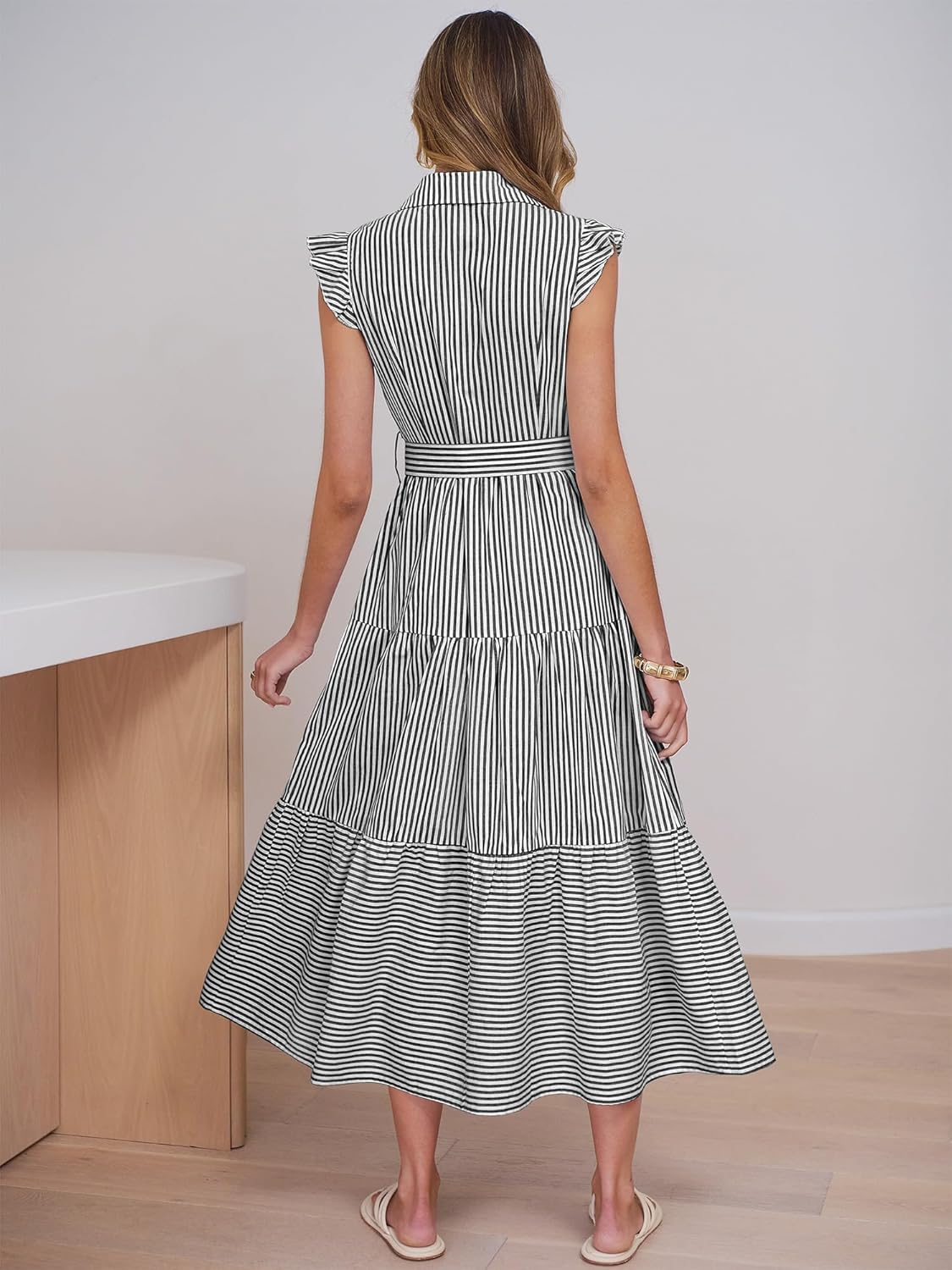 Caracilia Womens Summer Casual Ruffle Cap Sleeve Maxi Dress Button Down Striped Plaid Tie Waist Vacation Long Shirt Dresses - Image 5