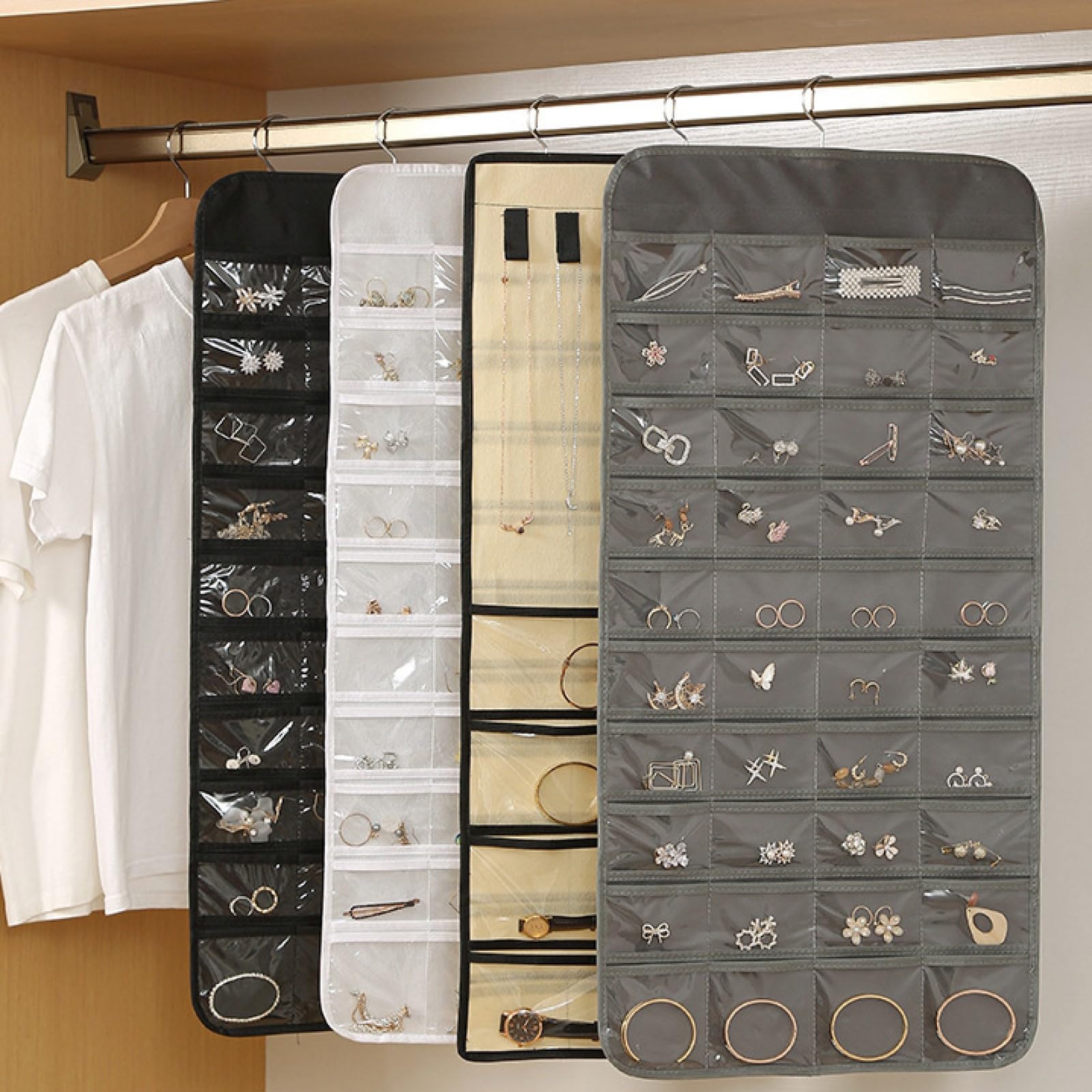 Organizer per Gioielli,Organizzatore di Gioielli da Appendere,Storage Doppia Faccia per Gioielli,Hanging Jewelry Organizer per Armadio,Doppia Faccia Porta Gioielli da Appendere con 48 Tasche(bianco)