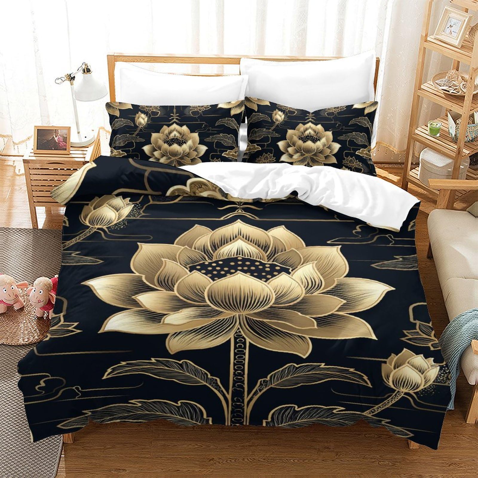 Housse de couette fleur de lotus 3D pour lit simple 140x200