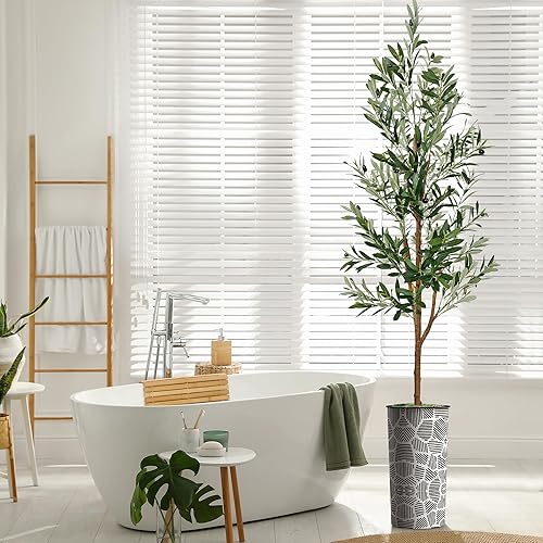Miniatura 7 de Árbol artificial en macetero con patrón geométrico contemporáneo, árbol de seda de olivo falso para decoración del hogar en interiores y exteriores,
