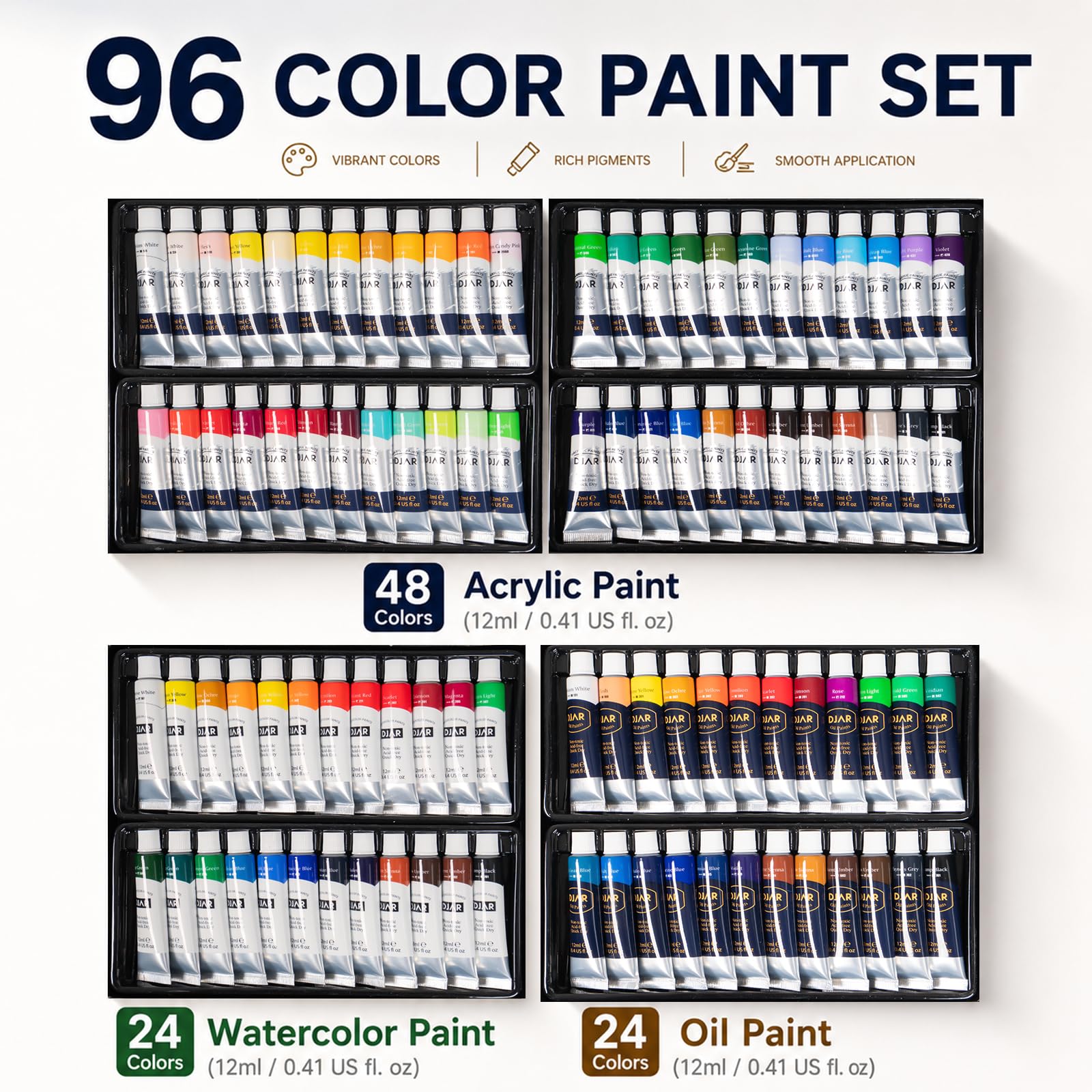DJAR Set di Pittura Completo 174 pz con Cavalletto da Tavolo, Kit Definitivo Acrilico, Acquerello e Olio, 96 Colori per Principianti, Professionisti e Artisti