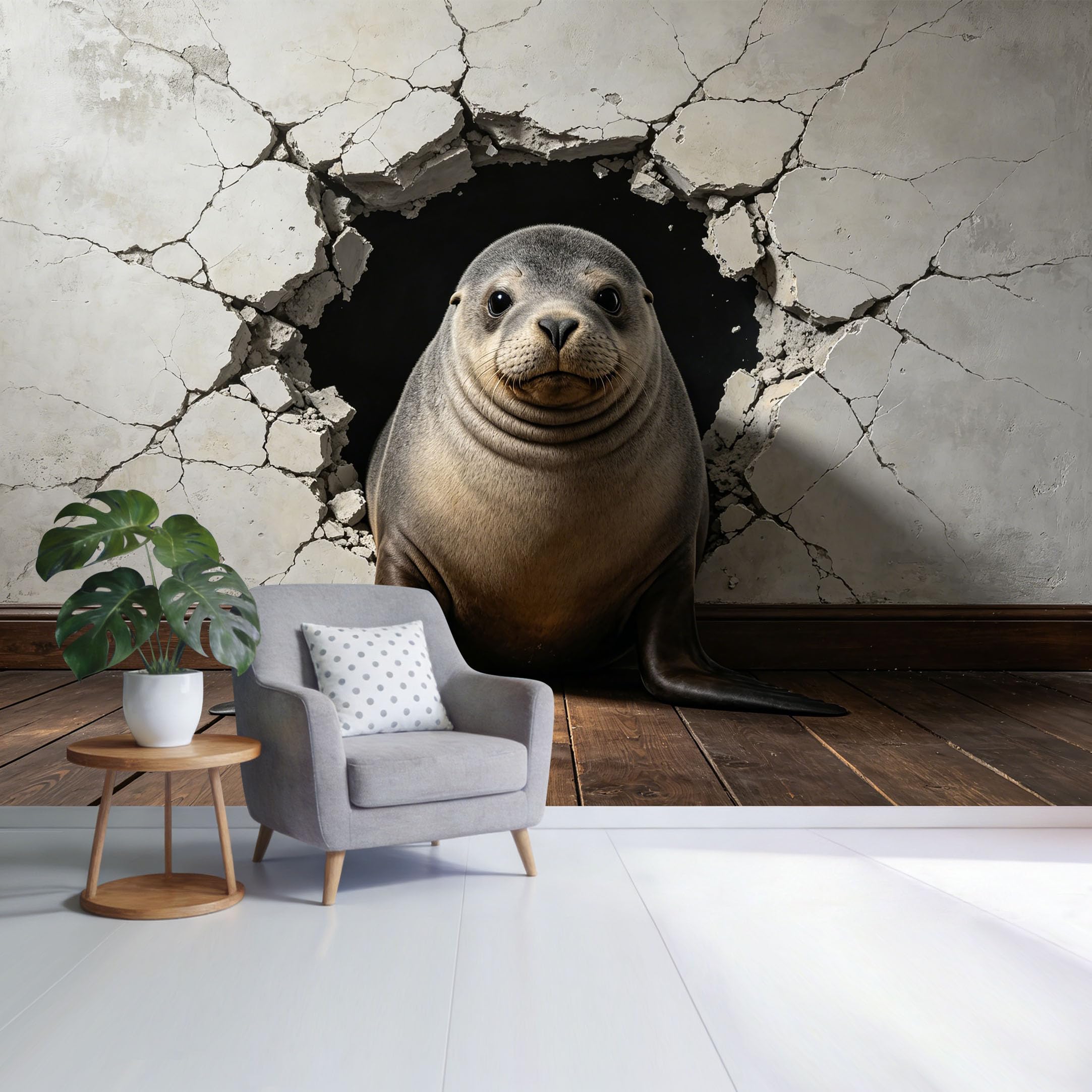 Custom Size Wall Mural Sea Lion Breaking Through Cracked Wall 3D Trompe L'Oeil Removable Self Adhesive Fabric， Home Wall Decor for Living Room Bedroom Bathroom
