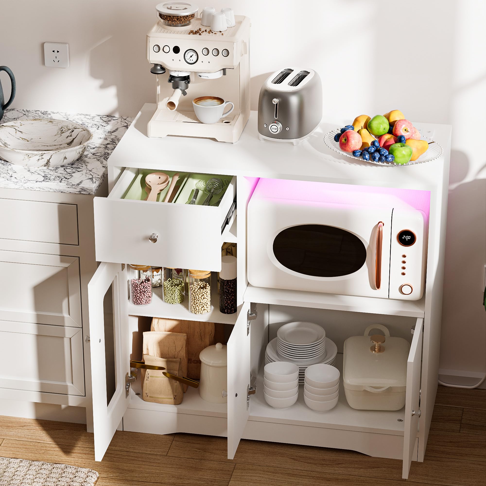 Aparador Cocina Mueble Auxiliar de Cocina Armario Buffet con Enchufe y LED, Mueble Microondas Cocina para Sala de Comedor Salón(Blanco, 83 x 40 x 80 cm)