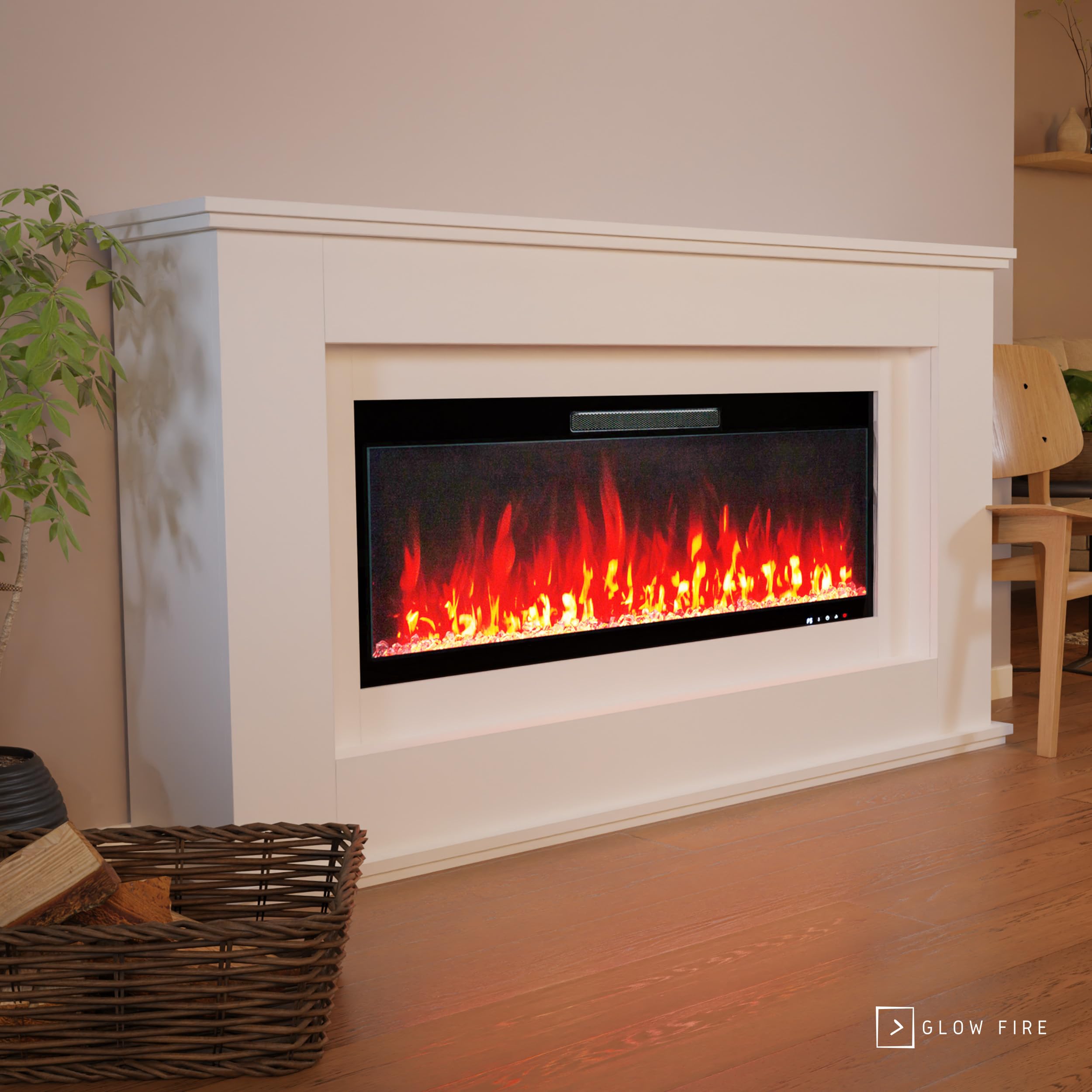 GLOW FIRE Kominek wolnostojący RHEA - Elektryczny z ogrzewaniem i płomieniem LED, 5 kolorów, grzałka, dekoracja, pilot - 178x97x33 cm, Biały