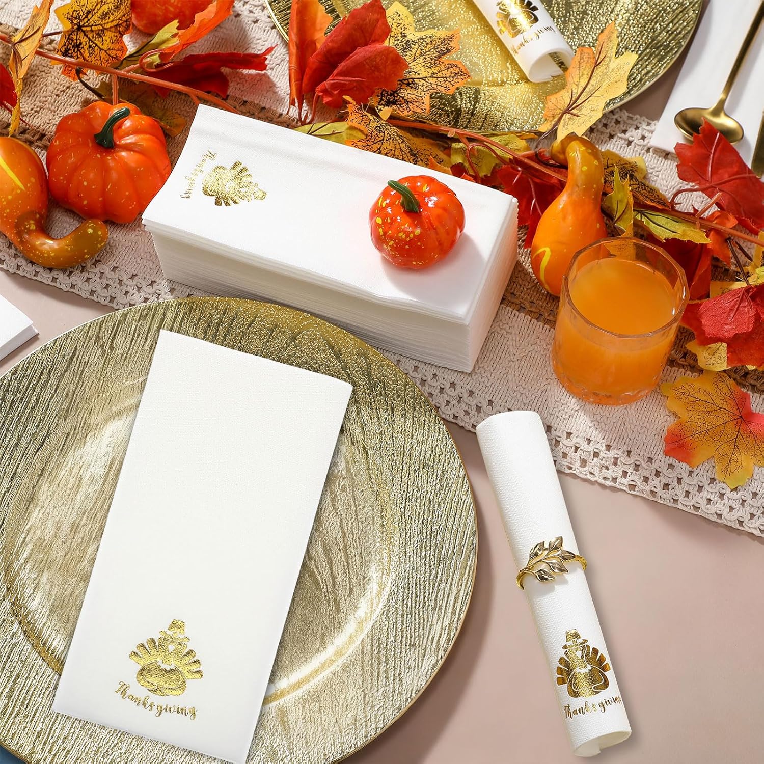 Janlaugh 100 Pcs Thanksgiving Linen Napkins Turkey Pattern Disposable Paper Hand Towels Foil Stamped Golden Napkins for Party Lunch Dinner Kitchen Bathroom(Novel)