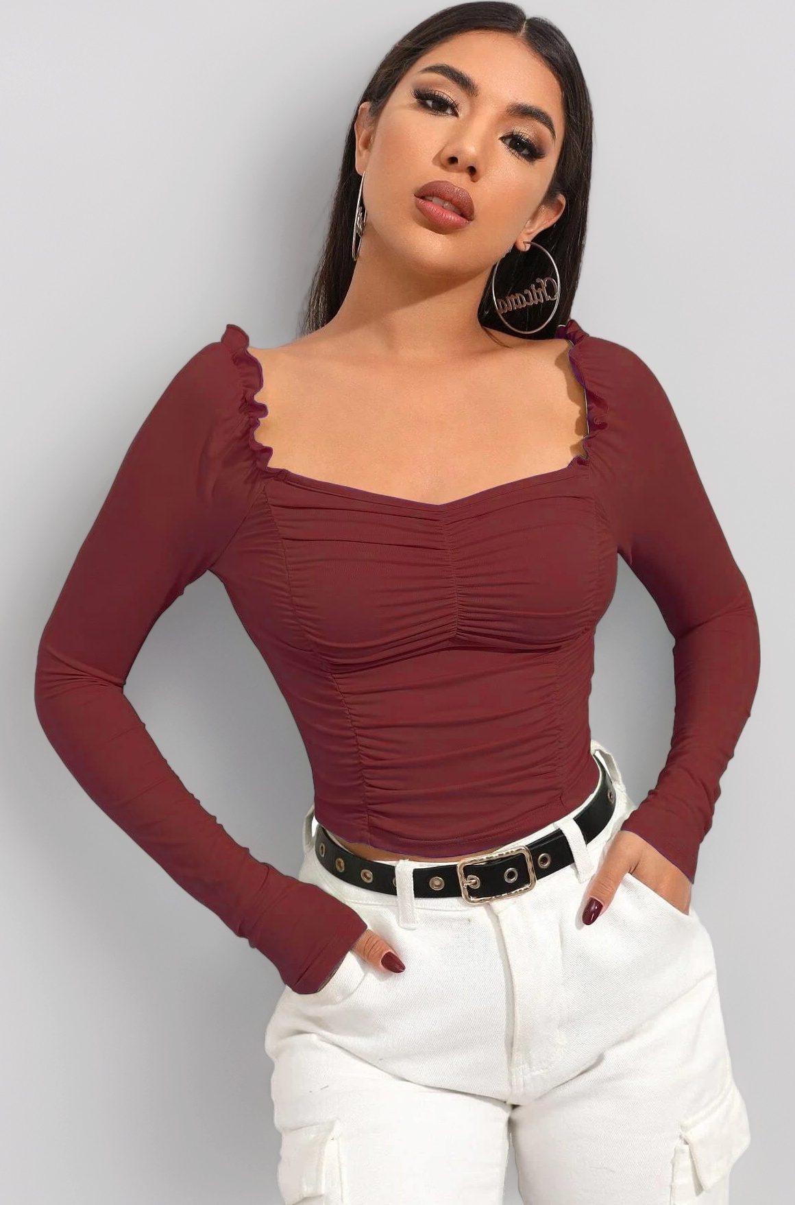 Shasmi Women's & Girl's Polyester Slim Fit Full Sleeve, Sweat Hear Neck, Frill Trim Ruched Crop Top