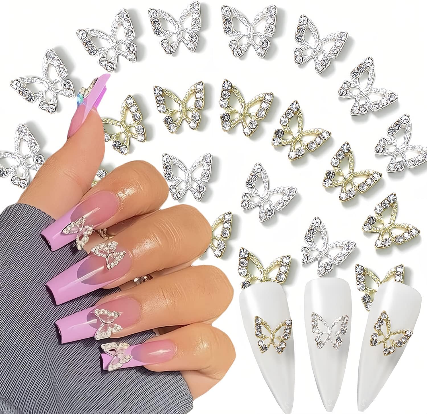 20Pcs Shiny Alloy Butterfly Nail Charms Crystal Butterfly