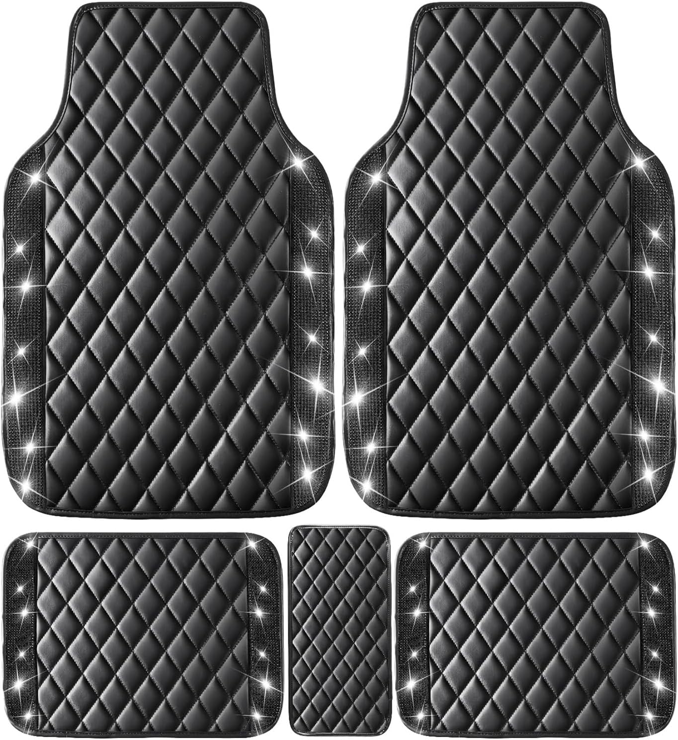 NBTEPEM Black Bling Leather Car Floor Mats Full Set, Sparkly Diamond Car Mats Universal Fit Most Automotive, Glitter Rhinestone Carpet Waterproof Anti-Slip, 5 pcs Set (Black Leather Diamond)