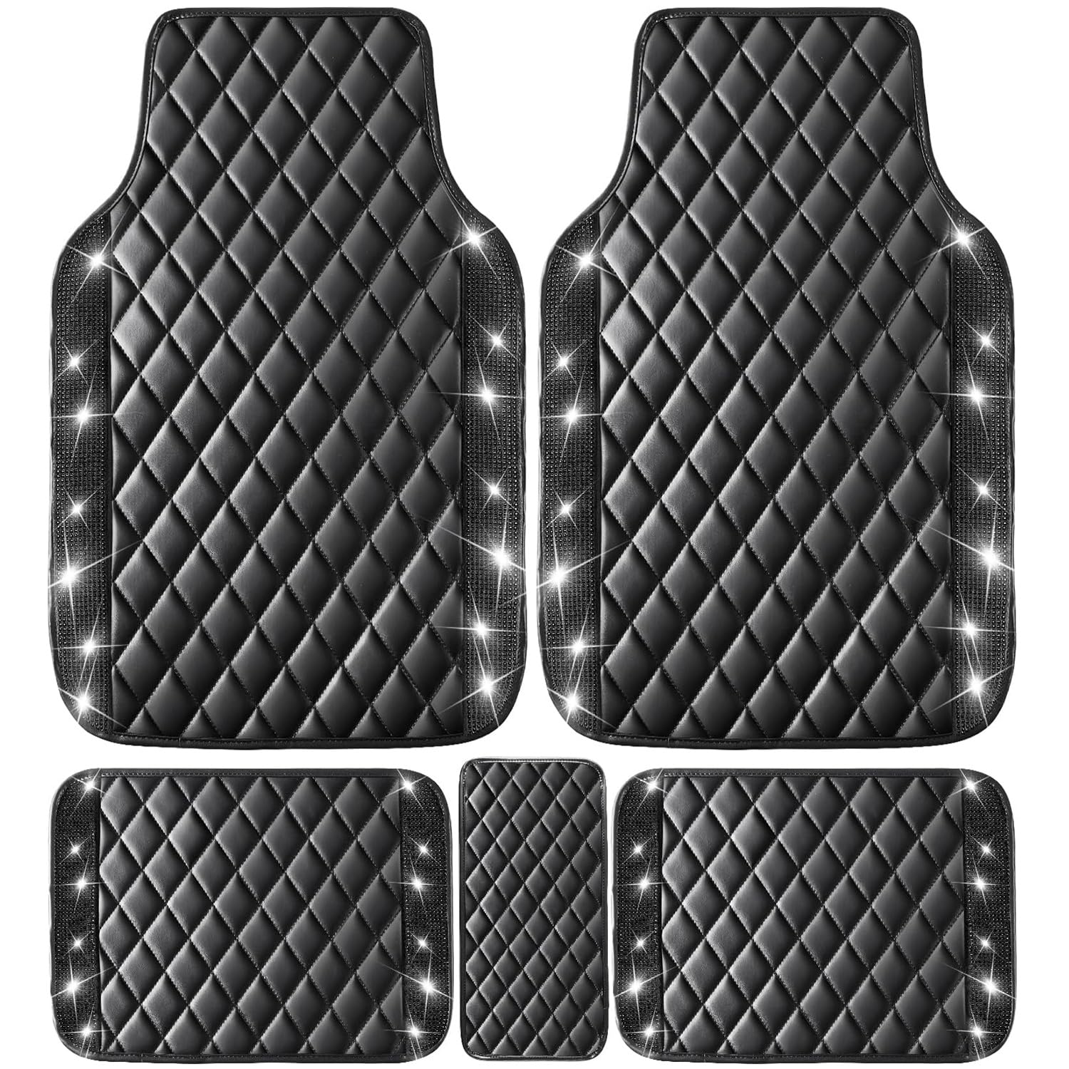 Photo 1 of NBTEPEM Black Bling Leather Car Floor Mats Full Set, Sparkly Diamond Car Mats Universal Fit Most Automotive, Glitter Rhinestone Carpet Waterproof Anti-Slip, 5 pcs Set (Black Leather Diamond)