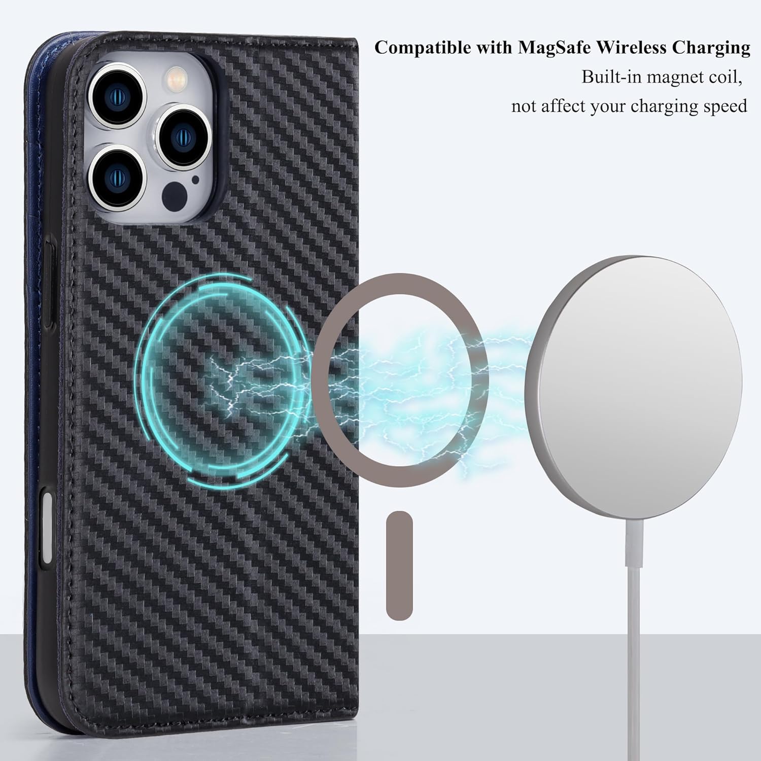 VISOUL Case for iPhone 16 Pro Max Wallet Case, Carbon Fiber Leather Wallet Phone Case with Card Holder Kickstand Flip Folio Cover Compatible with iPhone 16 Pro Max 6.9" (Black+Blue)