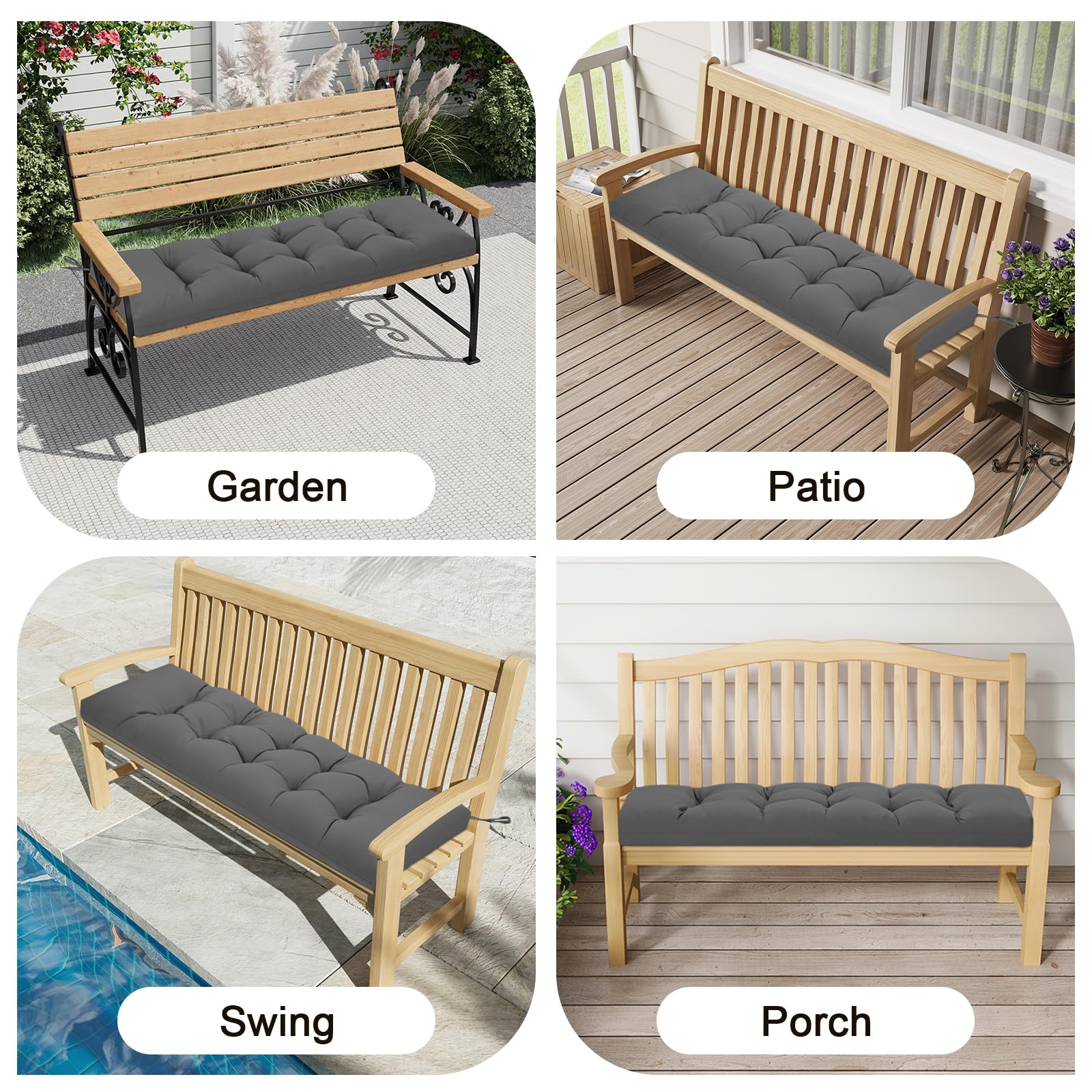 PRIMEPATIO Outdoor Garden Bench Cushion, 8cm Thick Tufted Waterproof Long Bench Seat Pad with Ties, Replacement Cushion for Patio, Lawn & 3 Seater Loveseat Furniture, 143x52cm, Dark Grey — view 6