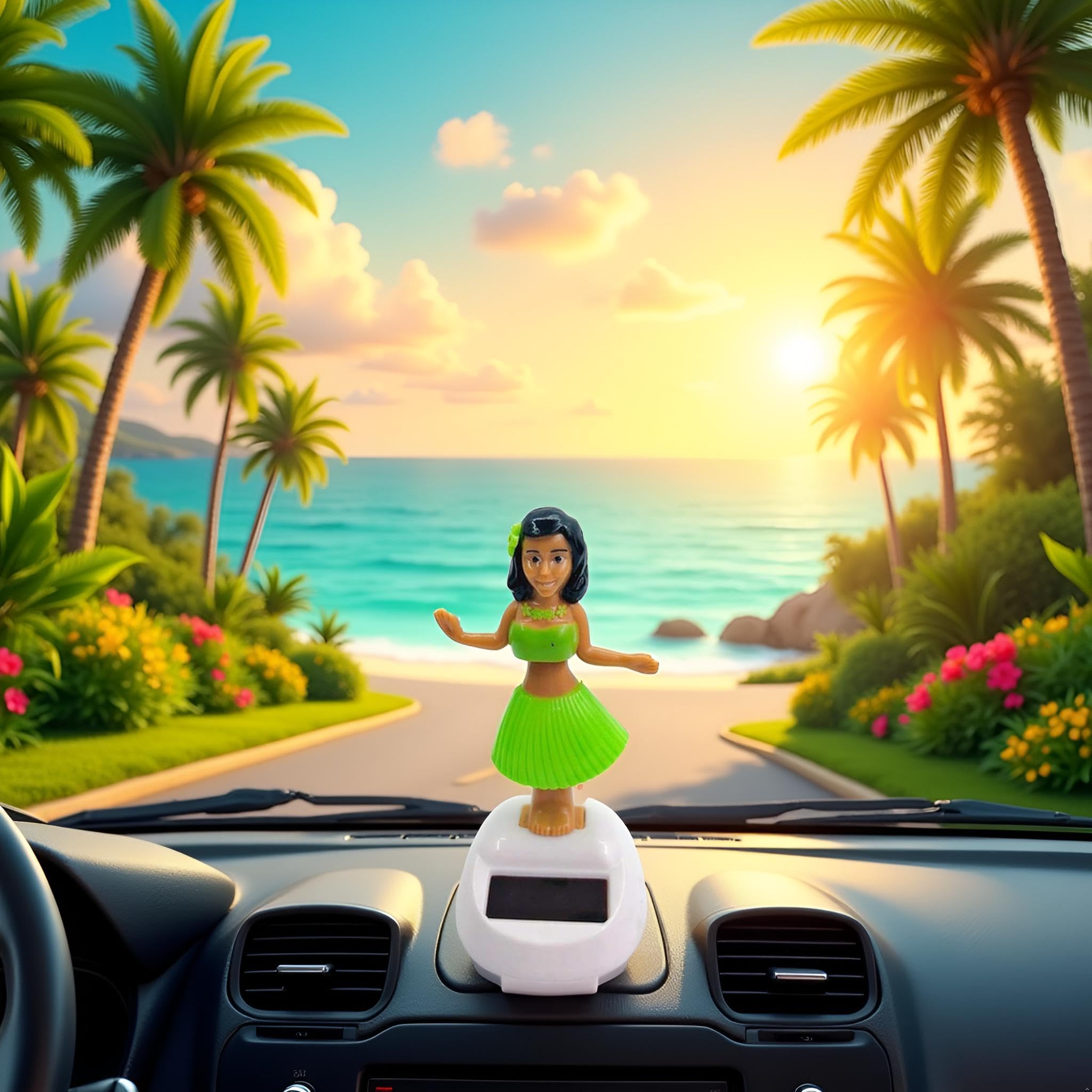 Figurine Hula Girl verte à énergie solaire, poupée de tableau de bord, décoration de tableau de bord de voiture, décoration de voiture, poupée hawaïenne, danse solaire, idéale pour rebord de