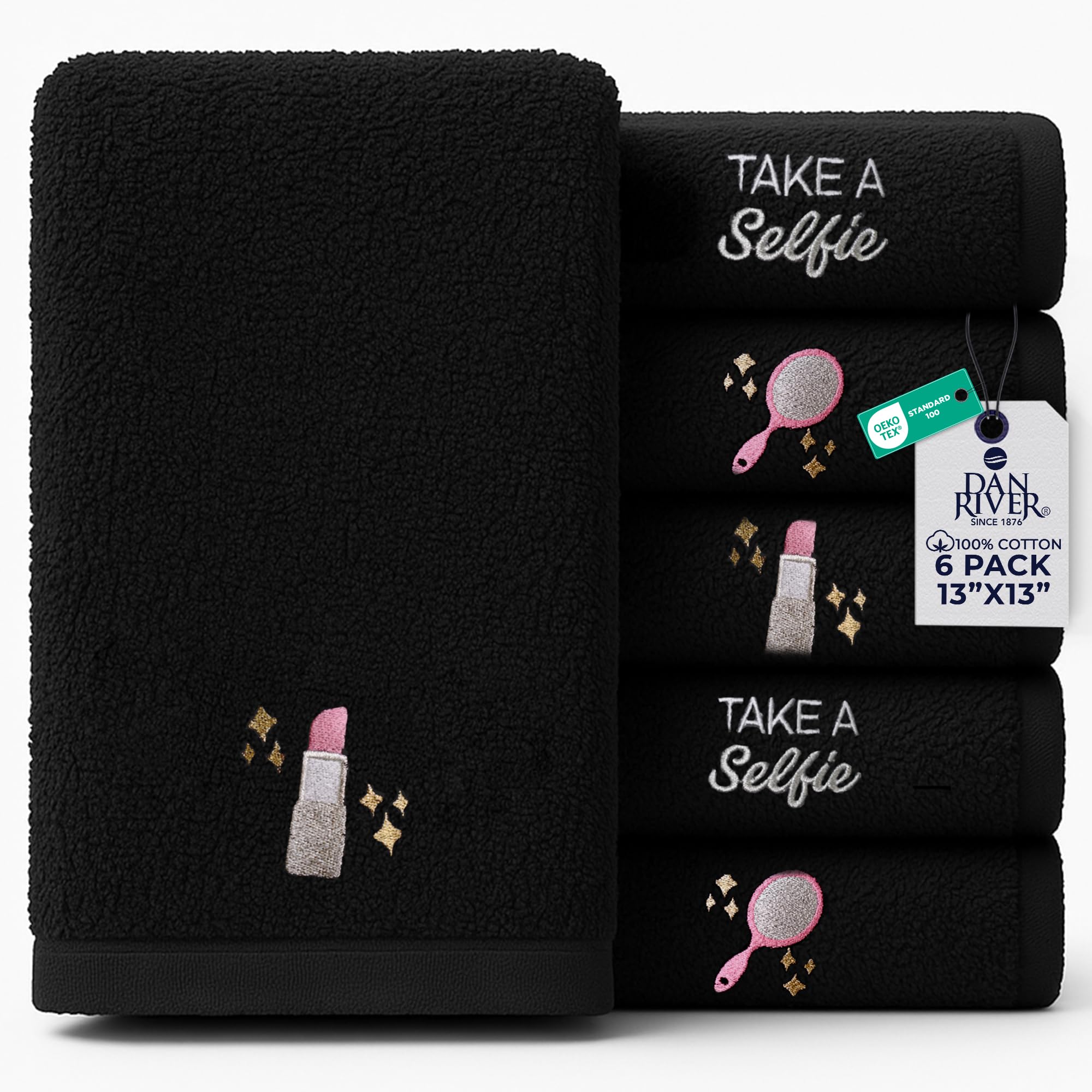 DAN River Black Makeup Towels - Pack of 6 (13x13 in) - Ultra Soft Cotton Face Towels with Embroidery - Reusable, Quick-Dry &amp; Machine Washable Makeup Remover Cloths for Bathroom, Spa &amp; Salon