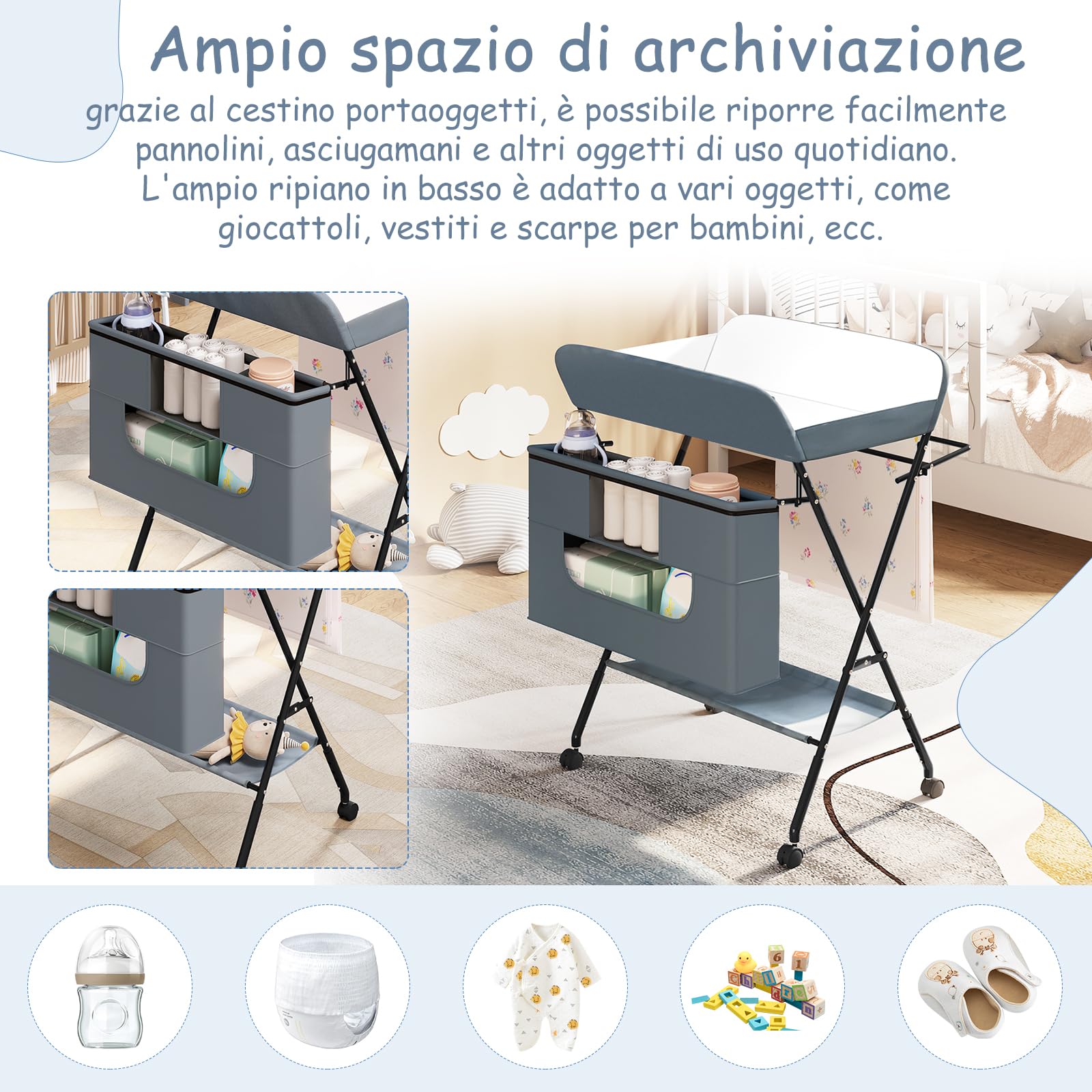 WOLTU Fasciatoio per Neonati Pieghevole e Portatile, Fasciatoio con Ruote Bloccabili, Cestino, Barra e Ripiano Inferiore, Tessuto Oxford, Grigio