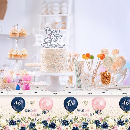 Miniatura 6 de 3 manteles de revelación de género para niño o niña, con globos y estampado floral, mantel de plástico azul marino y rosa, para él o ella, baby