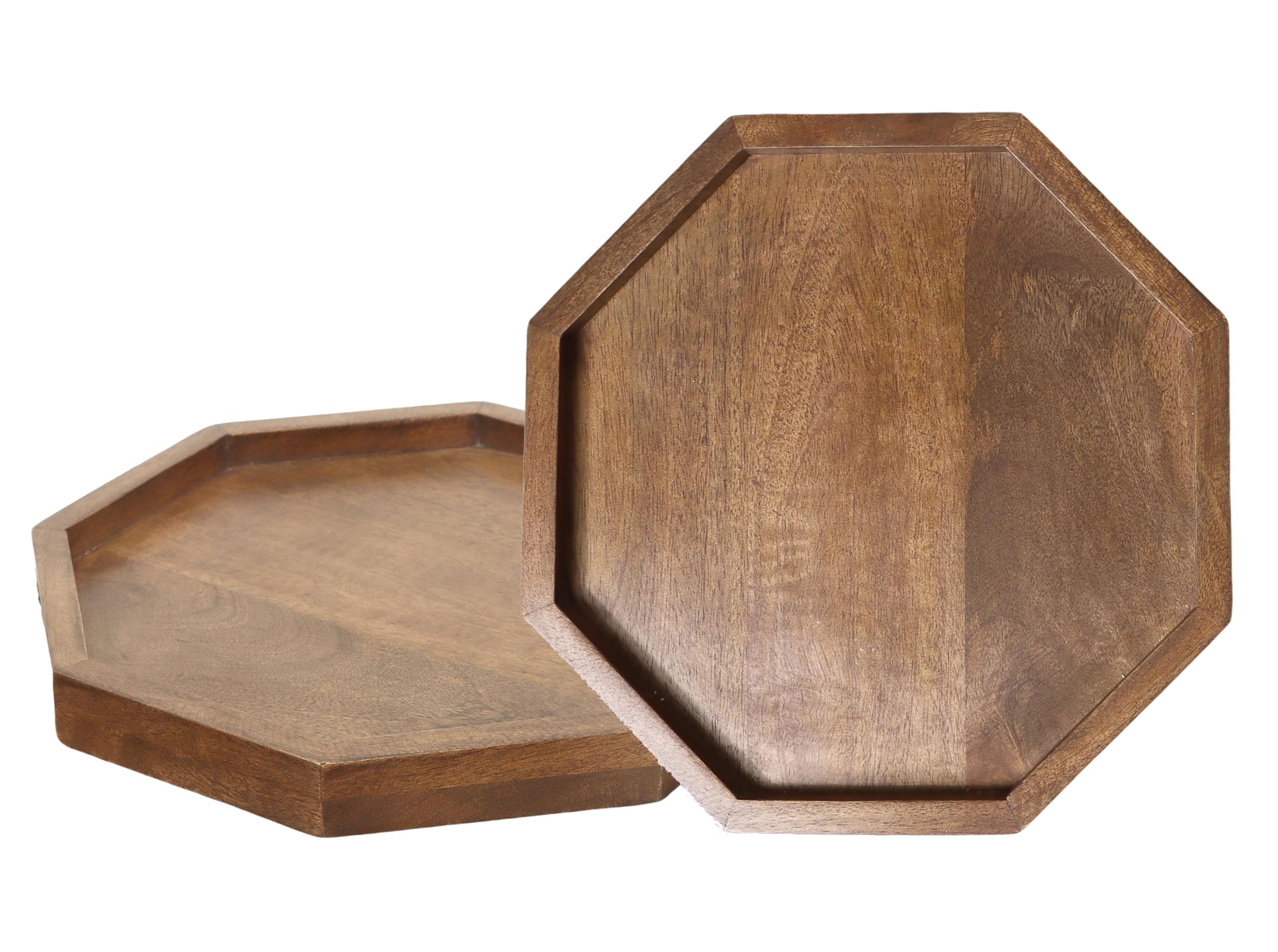 Set of 2 Mango Wood Serving Tray Handmade Metal Fruit Bowl Decorative Vanity Platter Tray, Kitchen Bathroom Counter Storage Counter Organizer - Russet Coffee