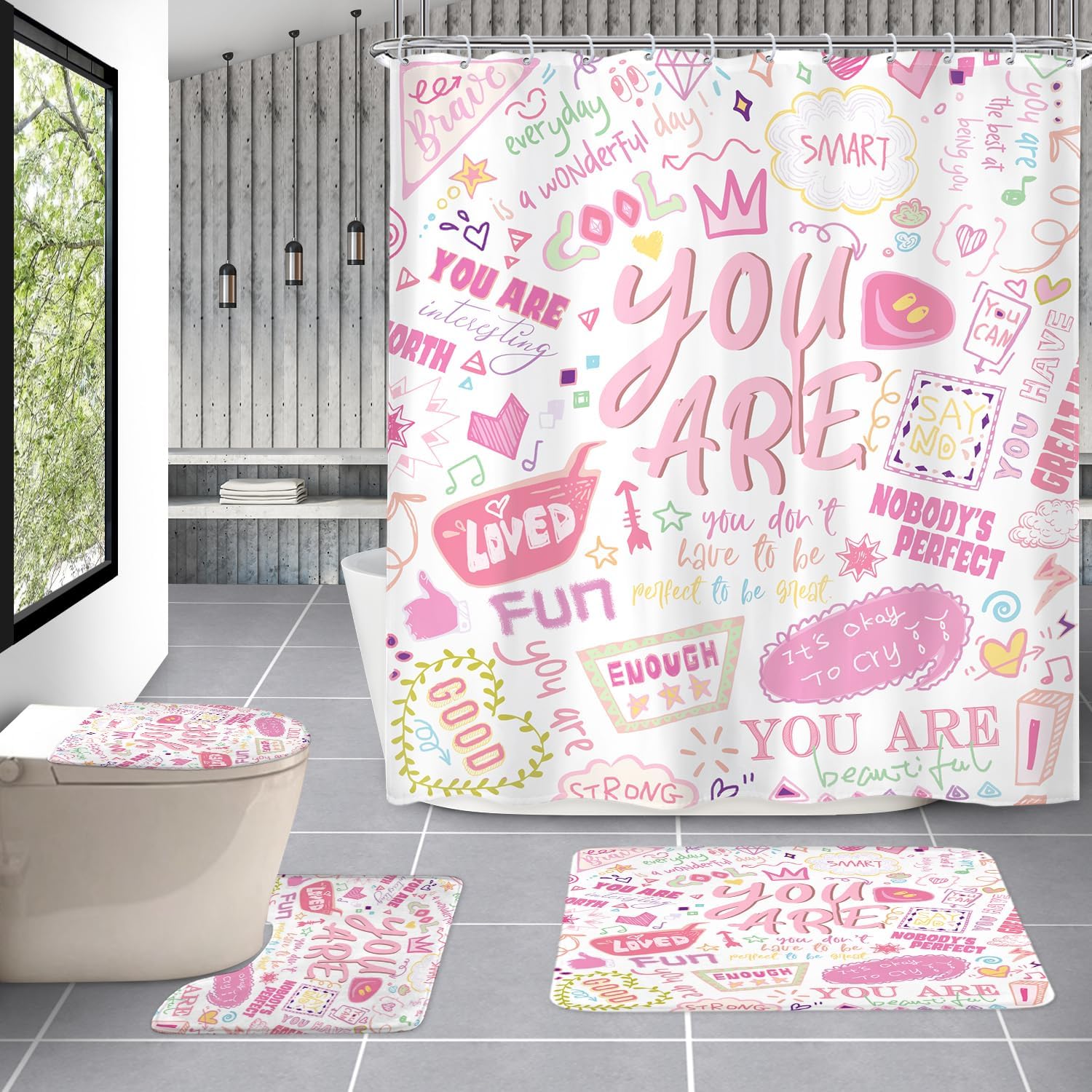 AMBZEK Neon Kids Inspirational Quotes 4Pcs Shower Curtain Sets 72Wx72L Inch You are Motivational Abstract Funny Colorful Artwork Cloth Fabric Waterproof Polyester Bathroom Decor Set with 12 Pack Hooks