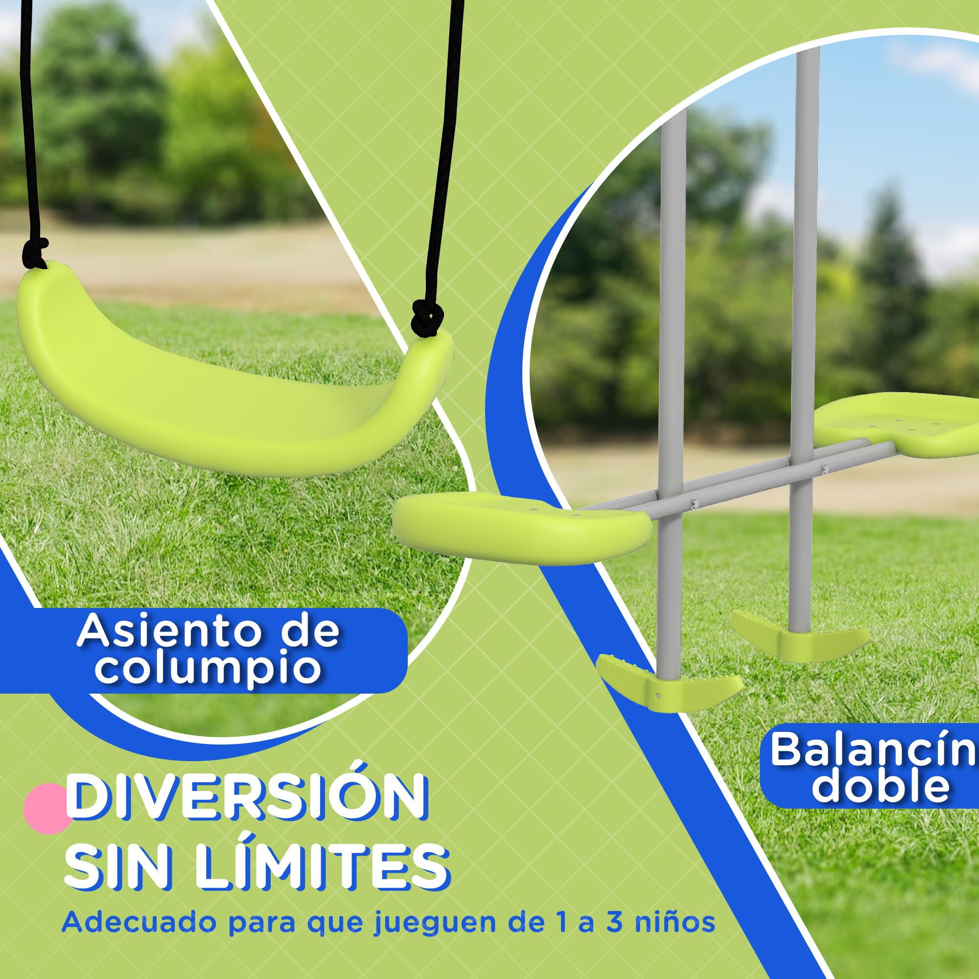Outsunny Columpio para Niños Anti-UV 135 kg 255x160x180 cm Gris y Verde | Columpio Jardín Exterior, 1 Simple, 1 Planeador