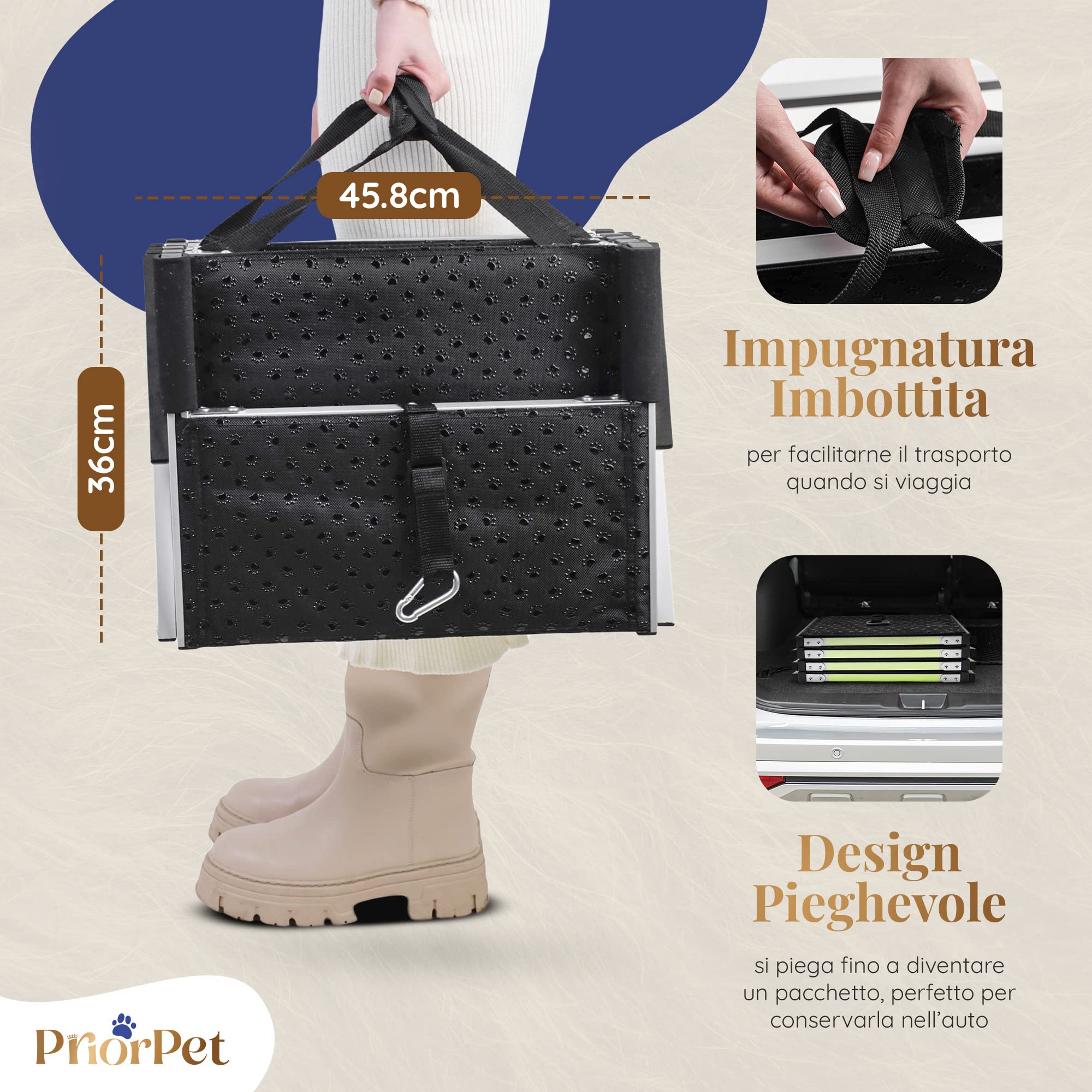 PRIORPET Rampa per Cani Pieghevole 4 Gradini Antiscivolo Riflettente 77 kg