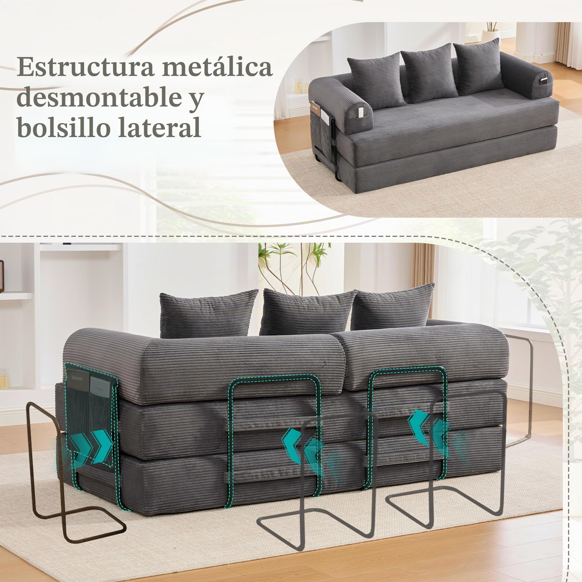 Sofá Modular sin Boneless, Sofá Cama Plegable con Marco de Metal Resistente, Bolsillos Laterales + 3 Almohadas, 200 × 94 × 67 cm, Gris Oscuro