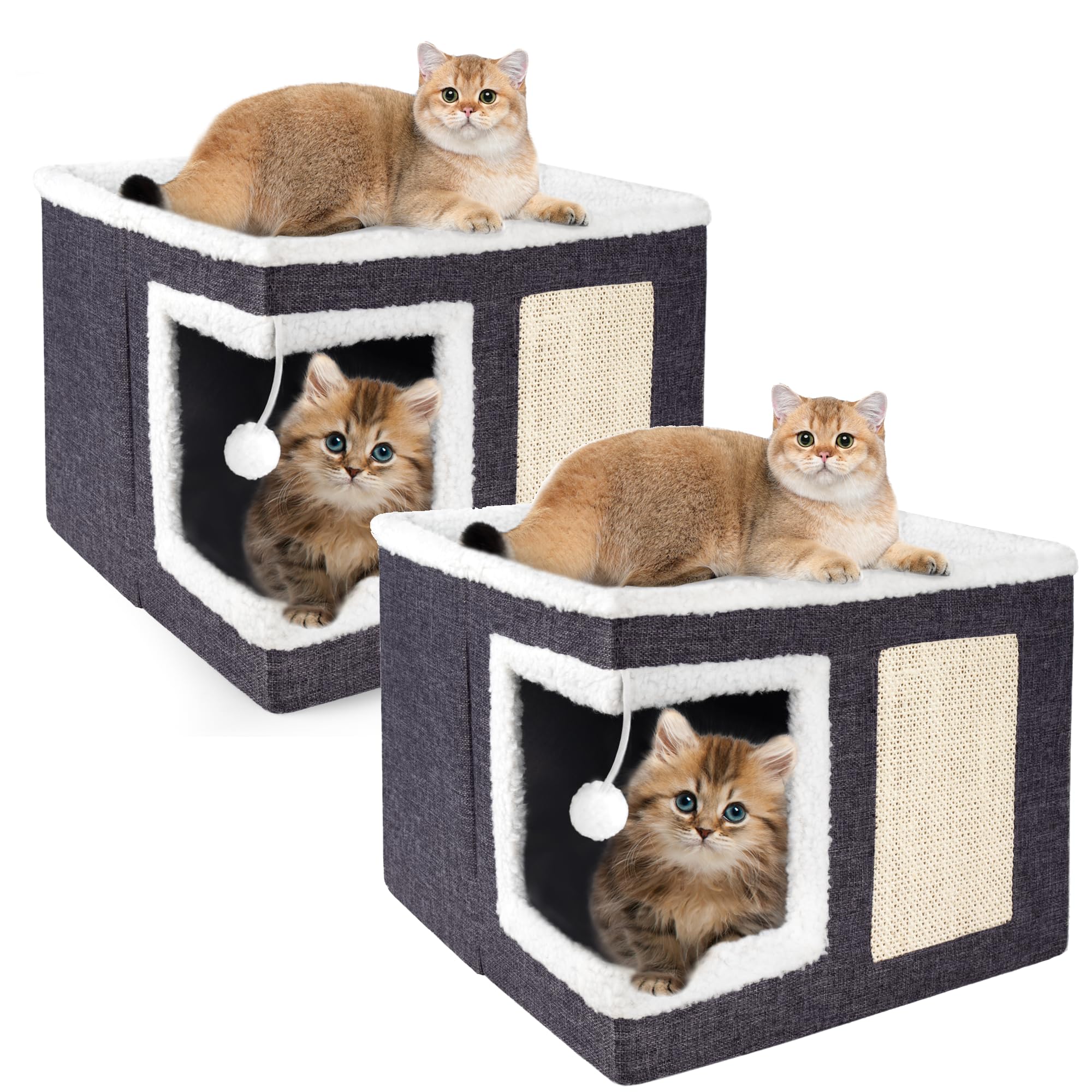 Loyareal 2 Pack Cat Houses for Indoor Cats - Large Cat Bed Cave with Scratch Pad and Fluffy Ball, Foldable Cat Hideaway Condo with Reversible Cushion
