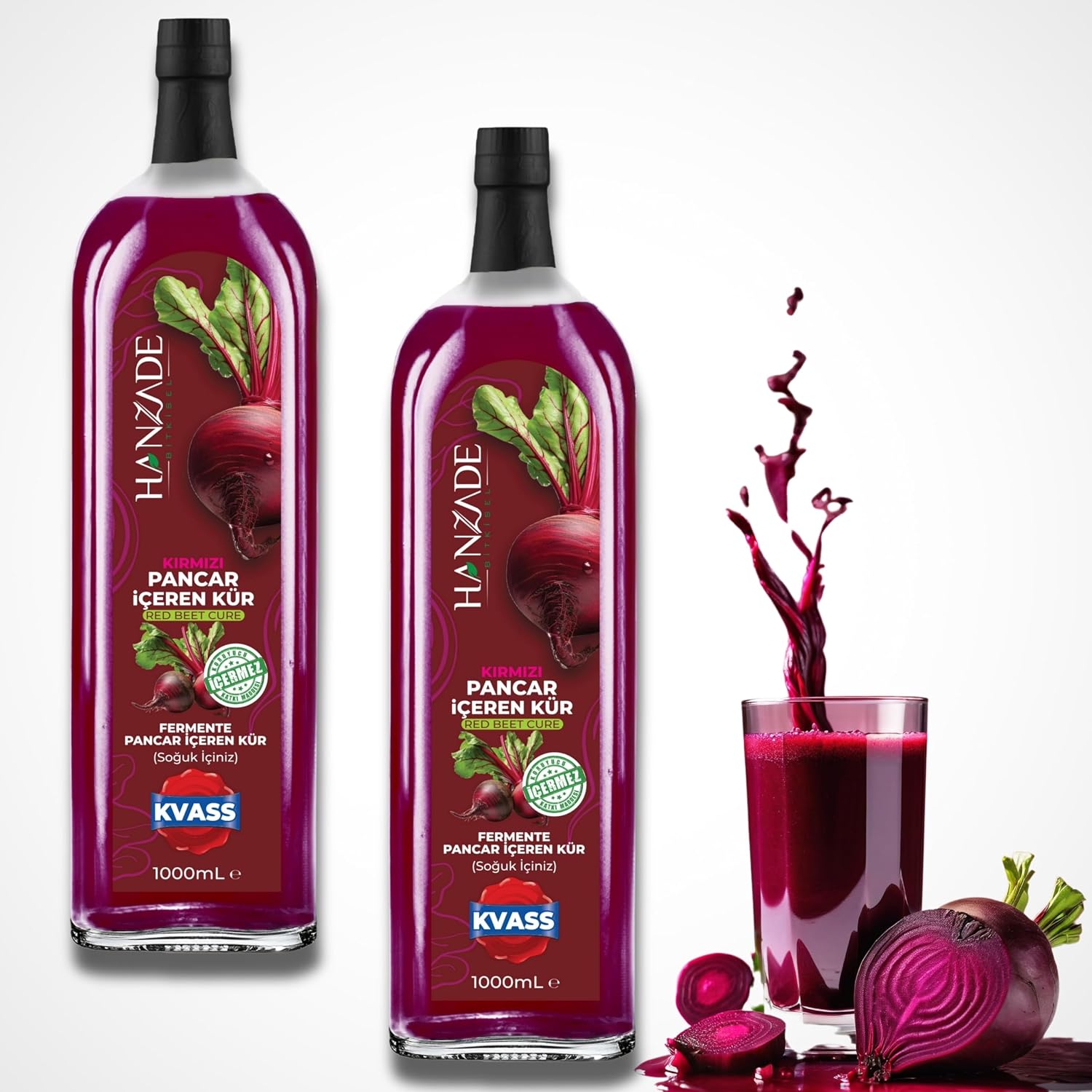 Hanzade Bitkisel Pancar Kvass Fermente Kırmızı Pancar İçeren Kür 1 Litre x 2 Adet Cam Şişe