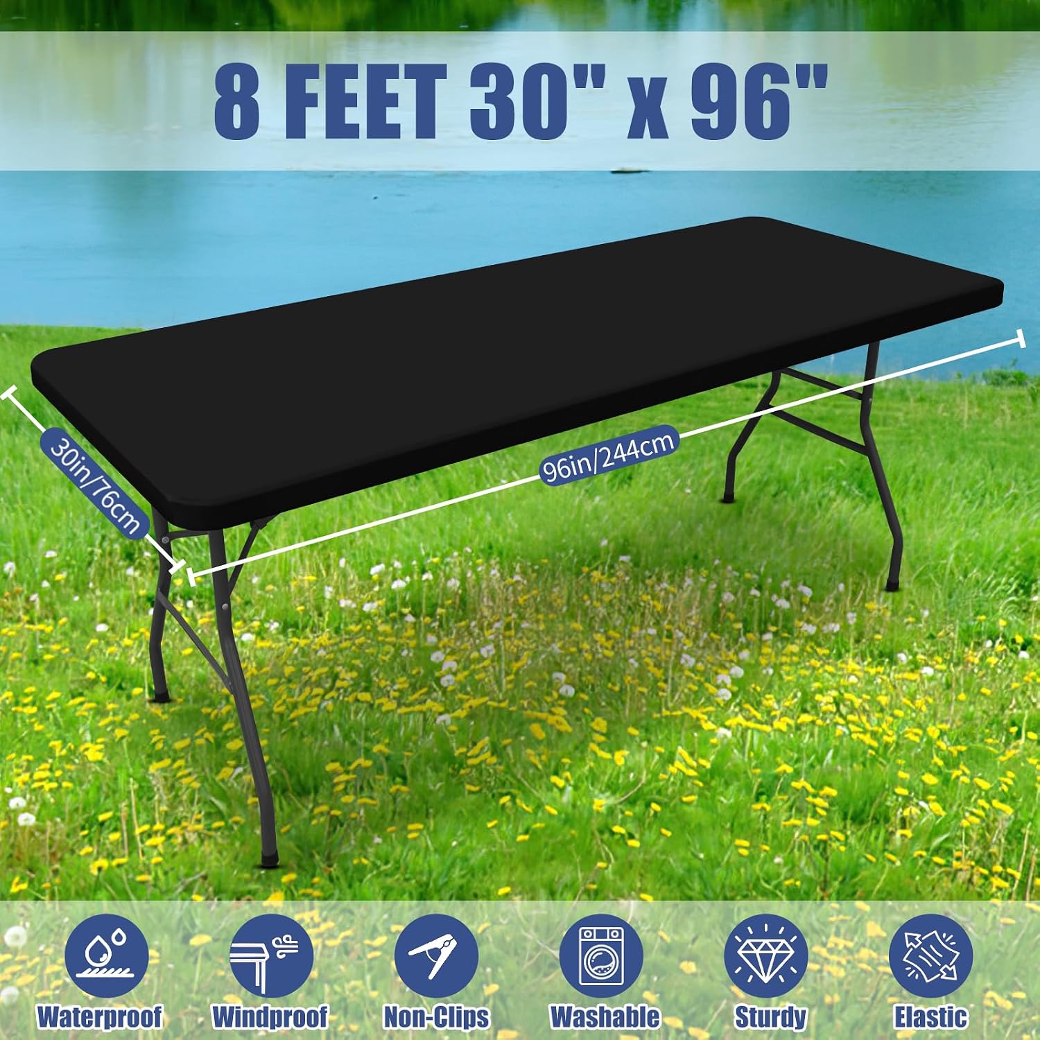 Moosfor Spandex 8 Foot Rectangle Table Cloth 2 Pack, Elastic Fitted Tablecloths for Picnic, Stretch Washable Patio Table Cover for Outdoor, Camping, Banquet and Parties (Black, 30"x96")