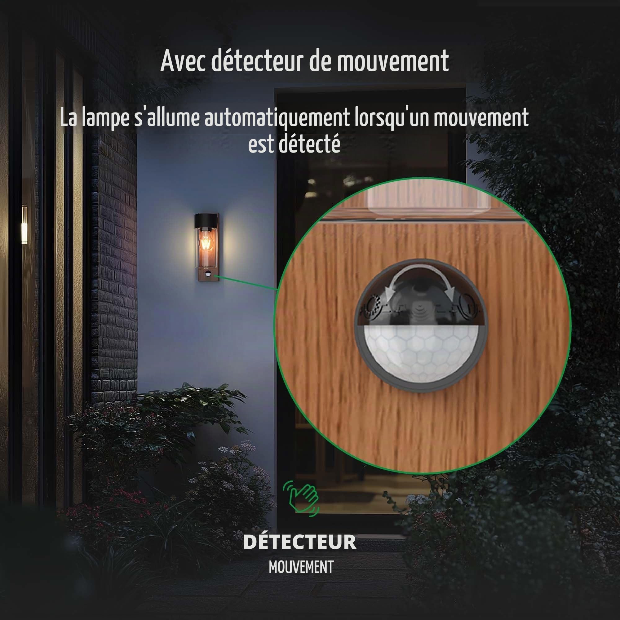 Ledvion applique murale Wandlampe Holz avec détecteur effet bois E27 IP44