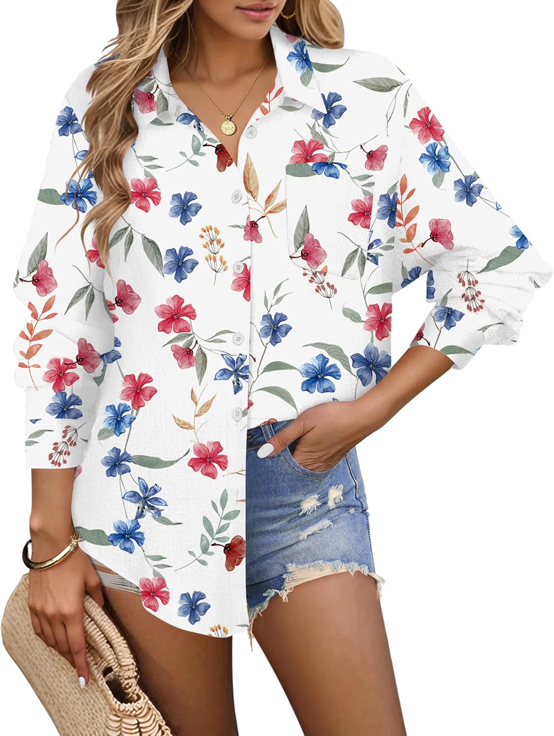 HOTOUCH Womens Button Down Shirts Linen Cotton Long Sleeve Blouses Casual Collared Loose Fit Gauze Tops with Pocket - Image 2